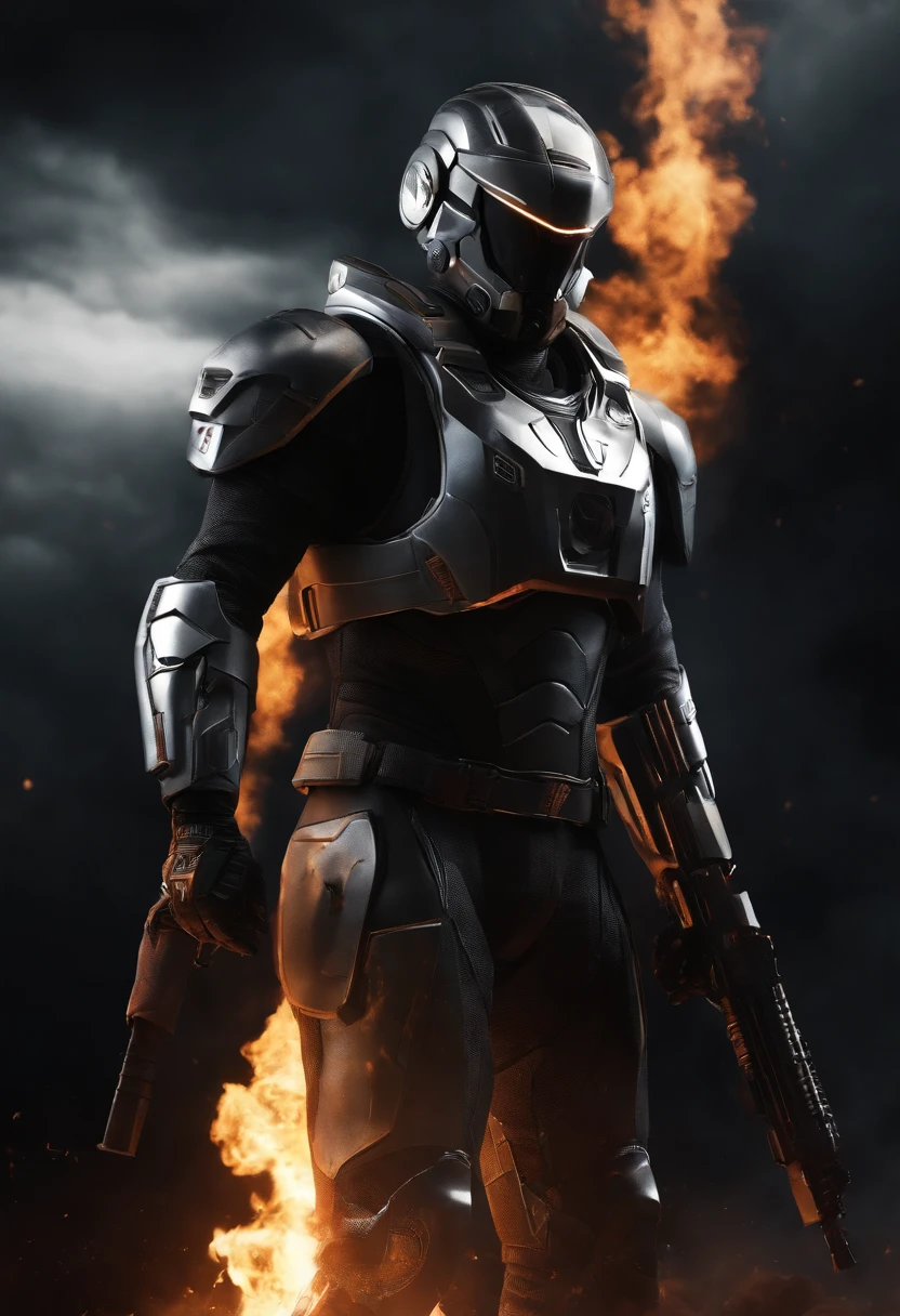 This is a CG portrait with a black background, a futuristic soldier wearing gray white power armor in a sci-fi style and a power armored soldier holding a Gaussian rifle. The whole body was bold, with flames burning behind his back and behind his feet. The contrast between light and shadow is sacred, and the composition of the movie is epic, tragic, dark style, biblical, sacred, bright, serious, dark soul, high-definition, epic, and sci-fi style