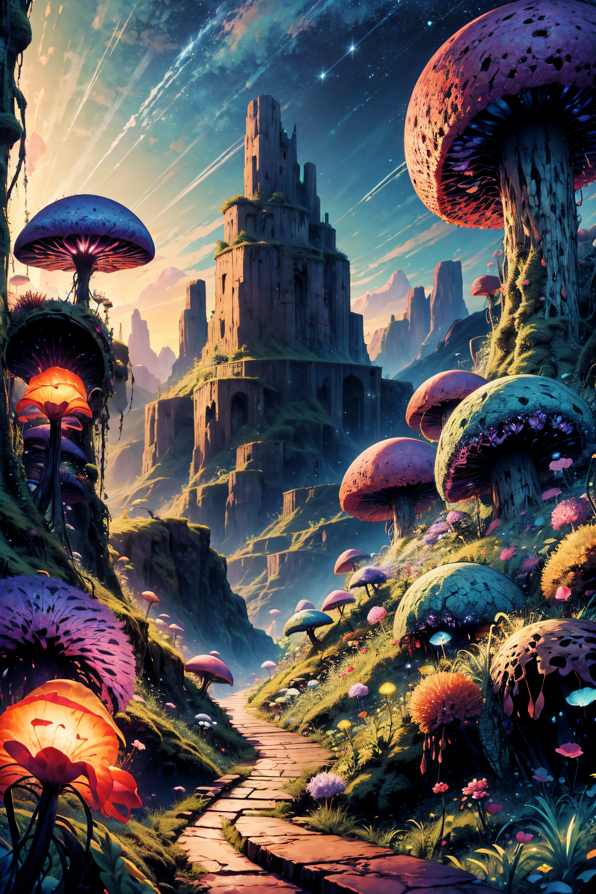 Bright and colorful scenario, The World Tree, A large elven tree, Yggdrasil, fentezi, Flora and fauna, very green, rocks, A lot of trees, mountain, mist, spectral, Magic, superior, an artistic, Clouds, ombre, dynamic, rich composition, Intricate, landscape, Incredibly beautiful sky, stars in thr sky,  Anime with small details, Best Quality, Masterpiece, Ultra-detailed, Beautiful, hight resolution, Original,CG 8K ультрареалистичный, perfect artwork, hyper realistic, Ultra Detailed, dramatic  lighting, (Realistic) Realistic, Full HD, Best Quality, Best Quality, Beautiful lighting, (8k wallpaper of extremely detailed CG unit), High Details, sharp-focus, The art of dramatic and photorealistic painting,