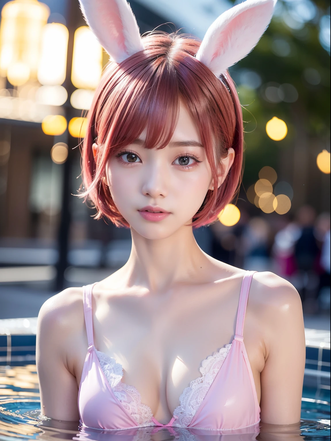 Open-air bath at night、Red underwear、bathe、Soaking in the bath、lace bra、Underwear、Pink short cut hair,(8K, top-quality, masterpiece:1.2), (realisitic, Photorealsitic:1.37), ultra-detailliert, 1 girl in, Whole body esbifa layer、cute little、独奏、Beautiful detailed night sky、tiny chest、small tits、(short-hair:1.2)、Floating Hair NovaFrogStyle、masuter piece、Pink Shortcut Bob、Realistic rabbit ears、Pink realistic rabbit ears、Realistic ears of rabbits sticking out of the head、Pink hair、Beautiful girl in her 20s、Bewitching atmosphere、Beautiful shaped hands、K-POP、Pink rabbit ears、1 girl in、独奏、masterpiece、top-quality、realisitic、Hyper-detailing、(Glossy skin:1.4)、absurderes、short pink hair、Slender beauties、动态照明、hight resolution、foco nítido、depth of fields、(thick thight:1.0)、A slender :1.2,((Short-cut bob hair))、((k pop:1.3)),Highly detailed facial and skin texture、((魅惑的)),Anatomically correct number of fingers,Correct anatomy