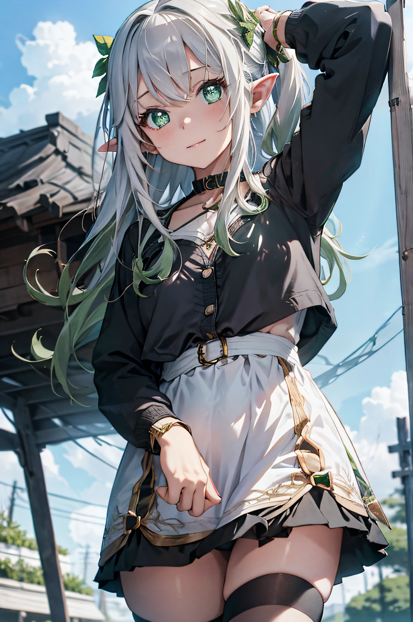 The elf stands and looks at the camera, A girl stands at a fair, green eyes and white hair, The wind lifts the skirt, You can see the underpants, blue skies, Beautiful clear blue sky, green hairpins in the hair, skinny waist, Slender figure, Appearance of the model, confusion, sexuality, nahida, pixie, elf ears, Beautiful ears, green colored eyes, People's casual clothes, black clothing, pantyhouse, black tights, little chest, You can see the, Upskirt, black clothing, White underpants, Elf Girl, Sweet girl, attractive anime girl, beautiful anime girl, Cute beautiful anime woman, detailed digital anime art, beautiful anime girl, beautiful anime girl, Anime with small details, Best Quality, Masterpiece, Ultra-detailed, Beautiful, hight resolution, Original,CG 8K ультрареалистичный, perfect artwork, beatiful face, Face Clean, Skin, hyper realistic, Ultra Detailed, A detailed eye, dramatic  lighting, (Realistic) Realistic, Full HD, Best Quality, Best Quality, Beautiful lighting, (8k wallpaper of extremely detailed CG unit), High Details, sharp-focus, The art of dramatic and photorealistic painting, beautiful smile,