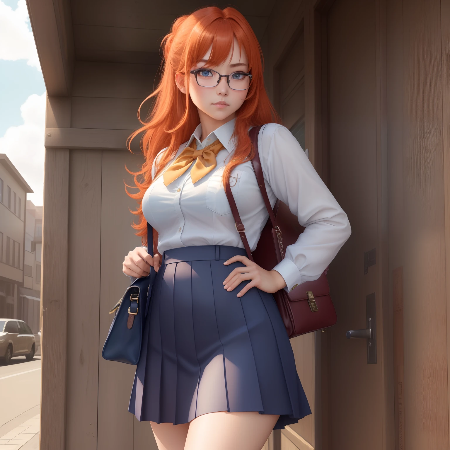 8k, masterpiece, best quality, realistic, higly detailed, cowboy shot, 1girl, solo, itsuki, serious looking girl, medium-length hair, expressive ahoge, reddish-orange hair, a pair of star-shaped hairpins near both of her eyes, dark blue eyes, average height, well-endowed figure, glasses, cute, school uniform, handbag