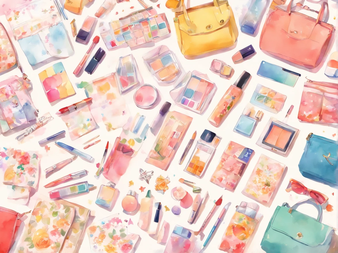 Knolling layout, watercolor illustration, contents of ladies bag, lots of cute cosmetics, notebook, stationery, handkerchief, cute pouch