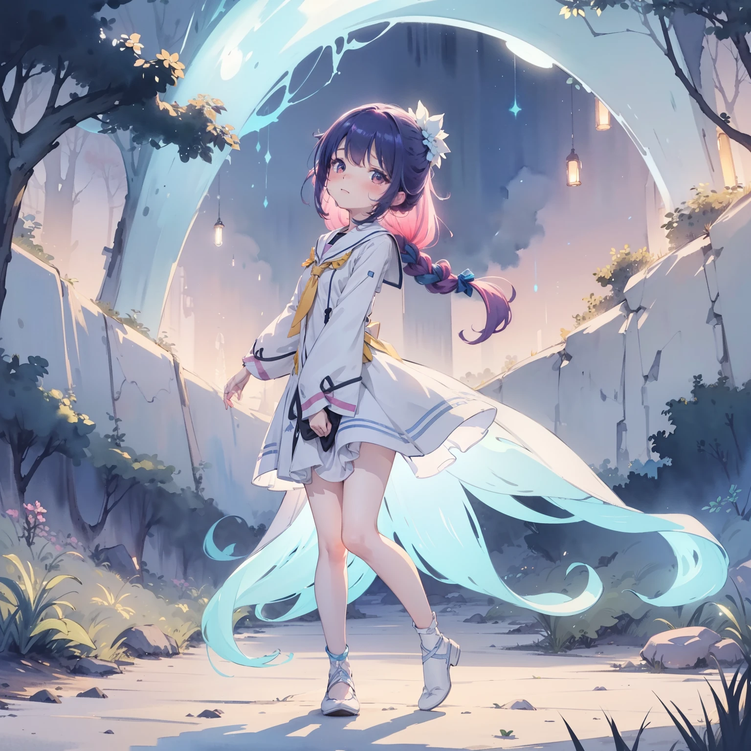 Beautiful and aesthetic,, Solo,Cute,colorfulhair,Dance,,spore,(glowing ambiance, enchanting glow, luminouslighting, Ethereal atmosphere,Watercolor illustration, Perfect anatomy, Masterpiece, Best quality, 1girll, li,eature, landscape