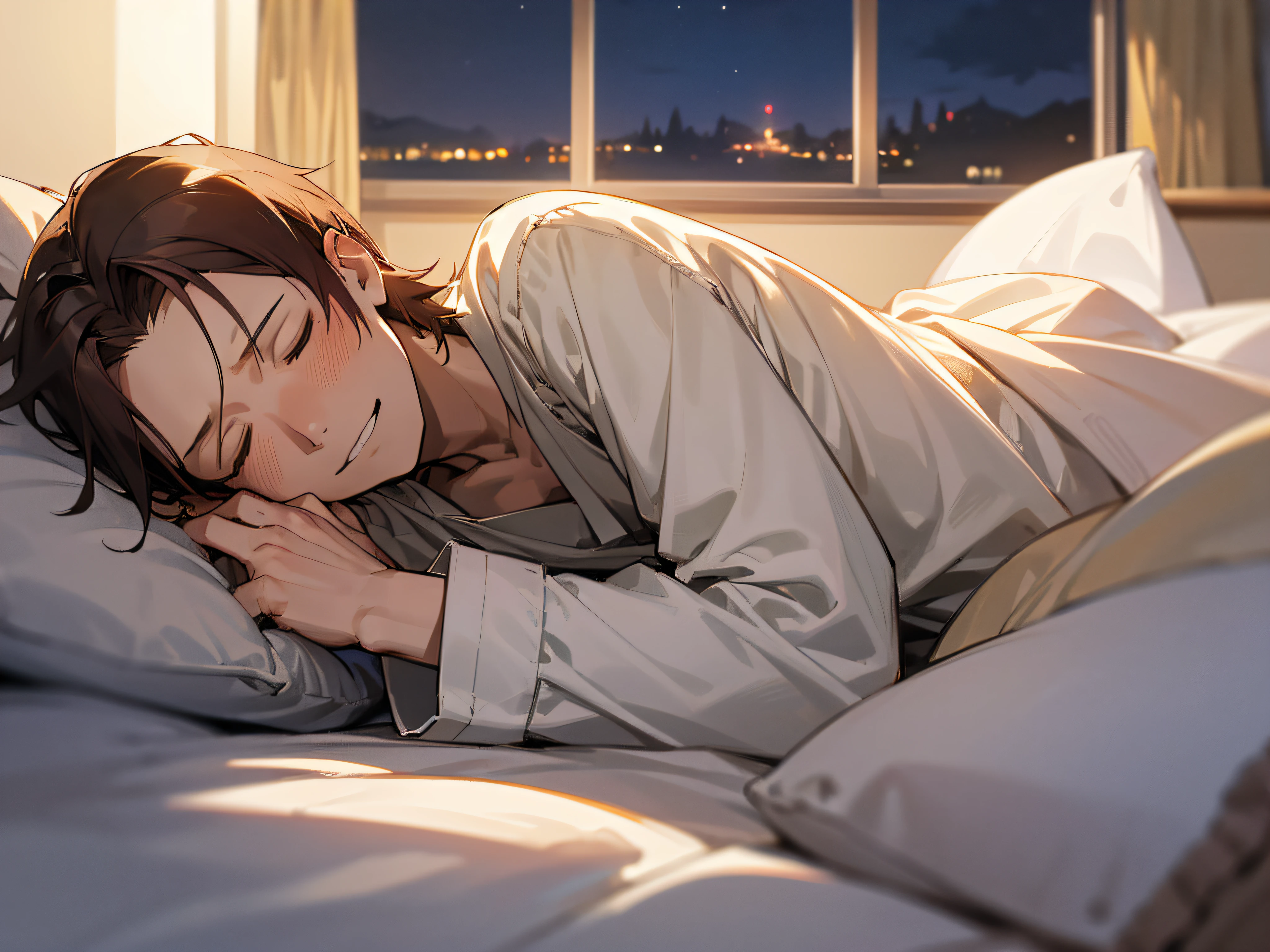 ((masutepiece,Best Quality)), 1male people, Solo, Adult, Handsome, beautifull detailed face, Sleep in a warm bed, Lying down, Closed eyes, pajamas, blanket, PILLOWS, relaxed expression, Night sky outside the window