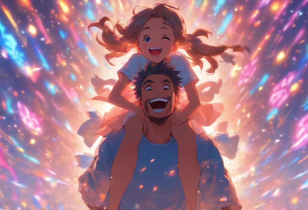 Father and daughter on good terms, girl riding on father's shoulders, happy, smile, cutecore, deformed style,white background