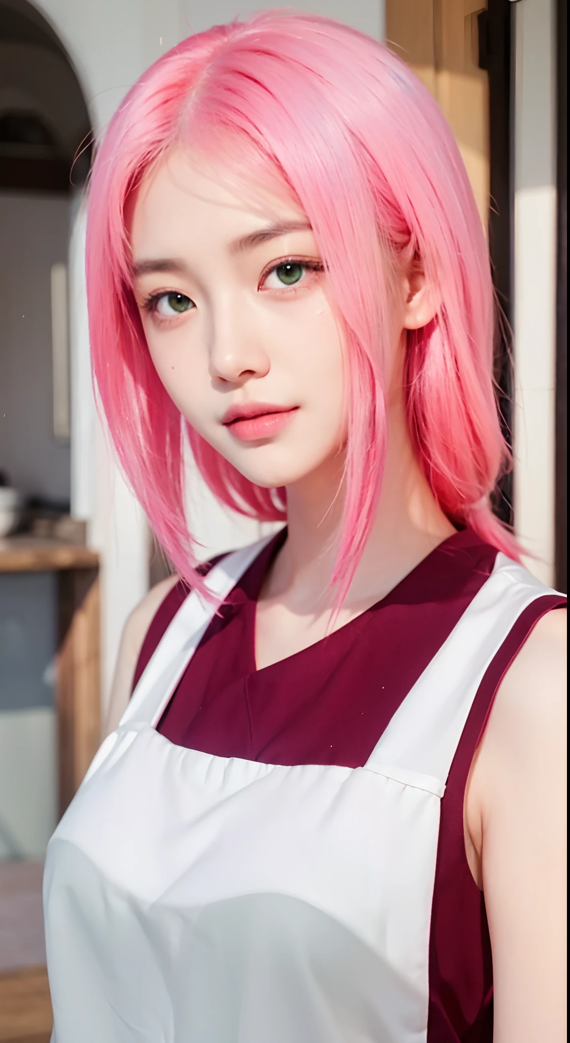 Real life adaption of this character, Asian beauty face, Shining green eyes,realistic long straight pink hair , realistic outfit, realistic shadow, realistic light, realism, hyper realistic, realistic background,(photorealistic:1.2)