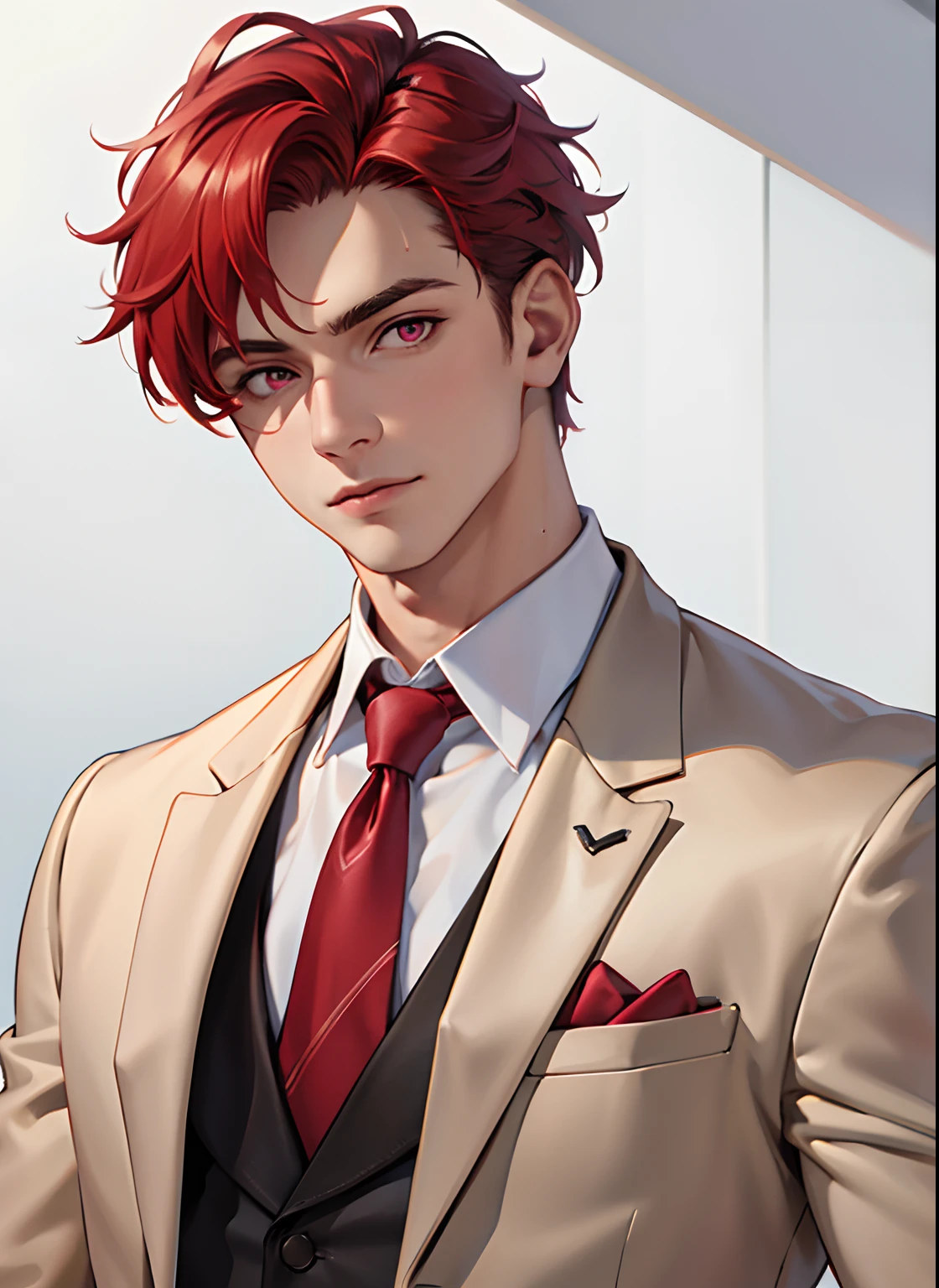 best quality, masterpiece, highres, 1boy,male,solo,upper body, mature male, Red Hair, Pink eyes, formal suit, Masculine