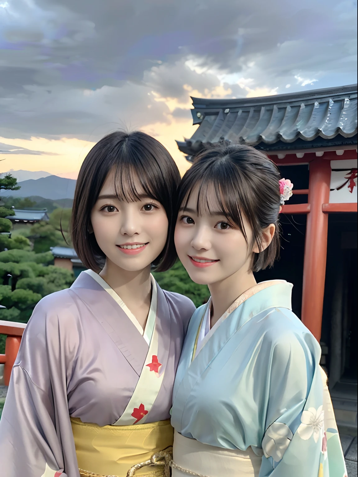 (Close up portrait of two girls with short hair with dull bangs in beautiful colorful kimono:1.5)、(Two girls enshrining a shrine in Japan with smiles:1.3)、(A shrine in Japan with a winter sky:1.5)、(Perfect Anatomy:1.3)、(No mask:1.3)、(complete fingers:1.3)、Photorealistic、Photography、masutepiece、top-quality、High resolution, delicate and pretty、face perfect、Beautiful detailed eyes、Fair skin、Real Human Skin、pores、((thin legs))、(Dark hair)