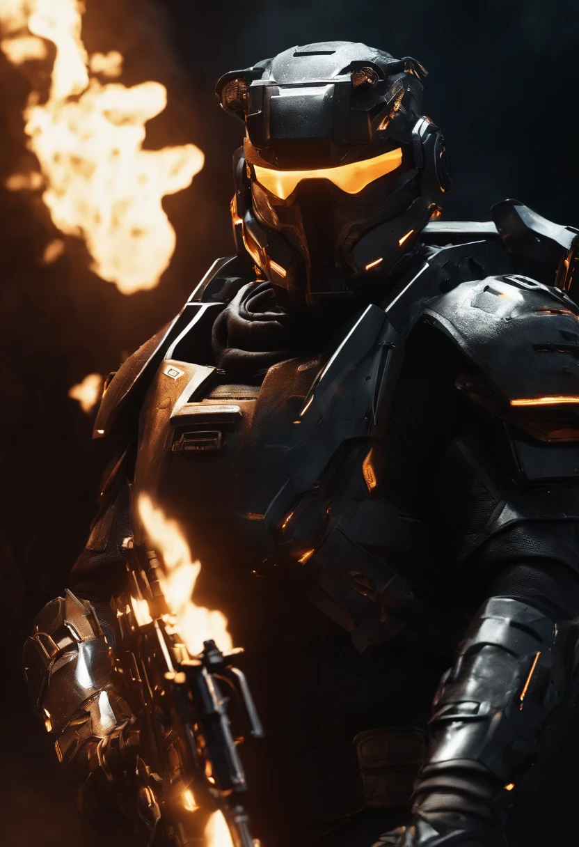 This is a CG portrait with a black background, A futuristic soldier wearing off-white power armor in a sci-fi style and a power armored soldier armed with a Gauss rifle. Be bold all over, Flames burned behind his back and behind his feet. Light and shadow contrast sacred, And the composition of the film is epic, Tragic, Dark style, biblical, divino, Bright, Serious, dark soul, k hd, Epic, and sci-fi style