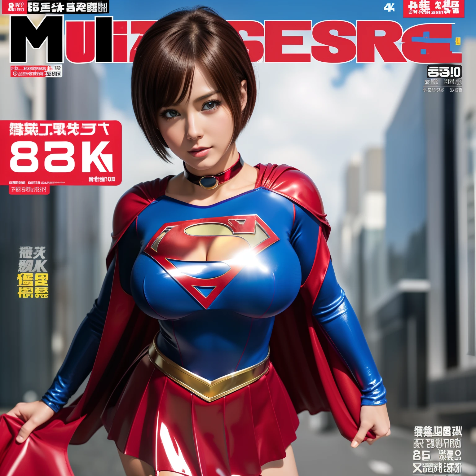 (Best Quality,4K,8K,hight resolution,masutepiece:1.2),Ultra-detailed,Realistic:1.37,Super masterpiece,Short-haired Supergirl、large full breasts、Looking at the camera、Glossy costume、a choker、Too short miniskirt、Shiny bright red enamel boots、Magazine covers、Manga Magazines