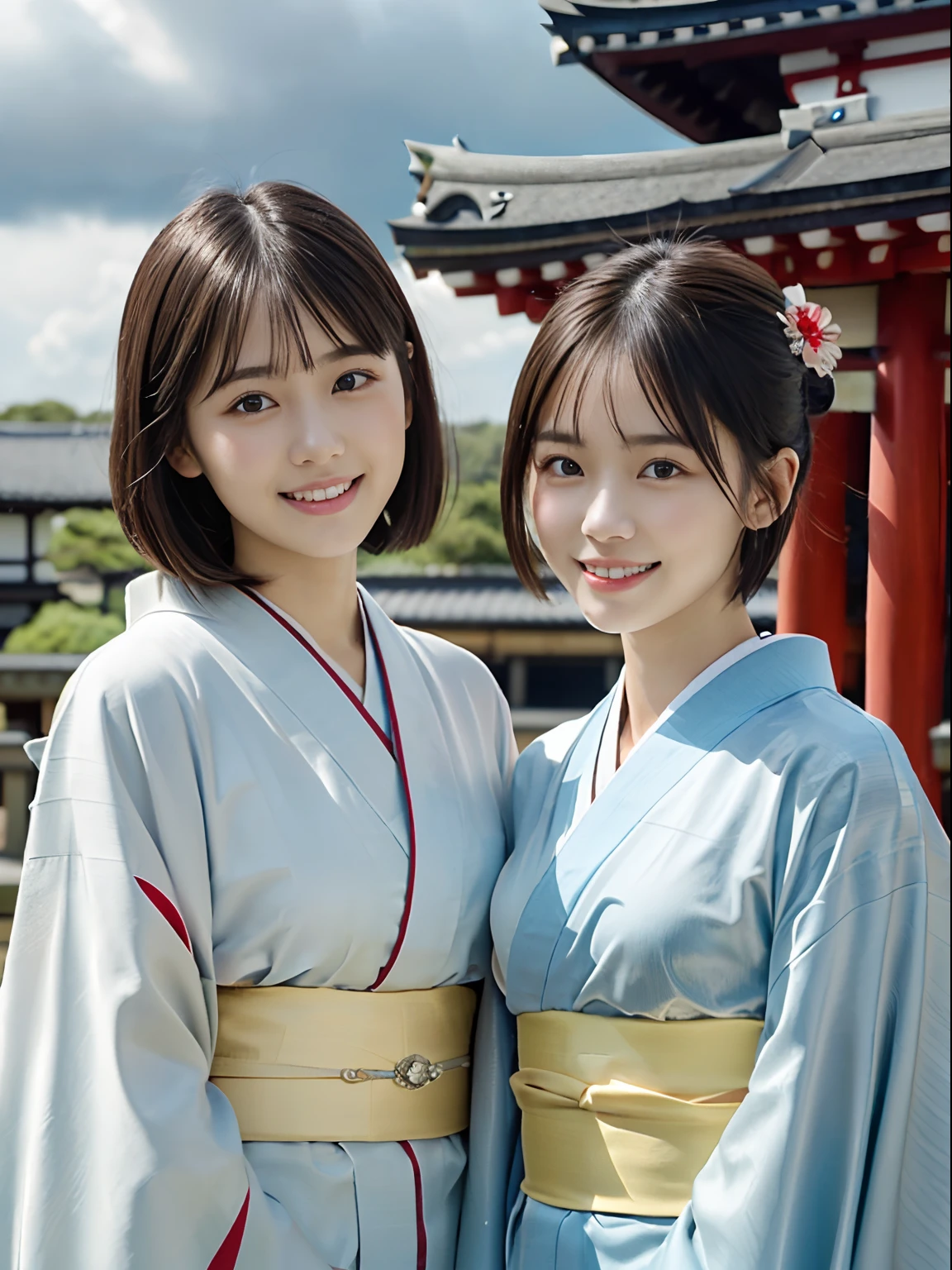 (Close up portrait of two girls with short hair with dull bangs in beautiful colorful kimono:1.5)、(Two girls enshrining a shrine in Japan with smiles:1.3)、(A shrine in Japan with a winter sky:1.5)、(Perfect Anatomy:1.3)、(No mask:1.3)、(complete fingers:1.3)、Photorealistic、Photography、masutepiece、top-quality、High resolution, delicate and pretty、face perfect、Beautiful detailed eyes、Fair skin、Real Human Skin、pores、((thin legs))、(Dark hair)