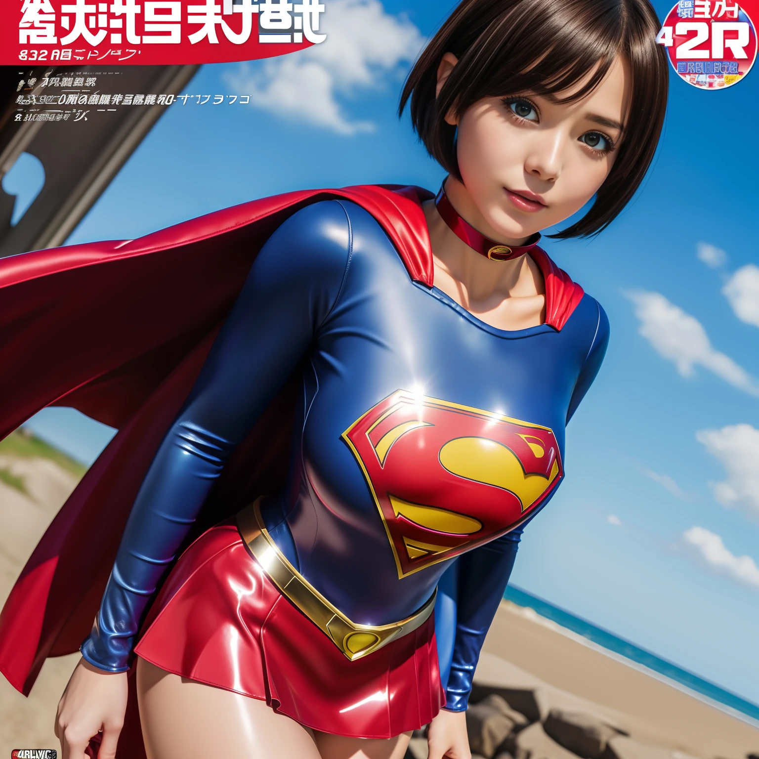 (Best Quality,4K,8K,hight resolution,masutepiece:1.2),Ultra-detailed,Realistic:1.37,Super masterpiece,Short-haired Supergirl、large full breasts、Looking at the camera、Glossy costume、a choker、Too short miniskirt、Shiny bright red enamel boots、Magazine covers、Shonen Magazine