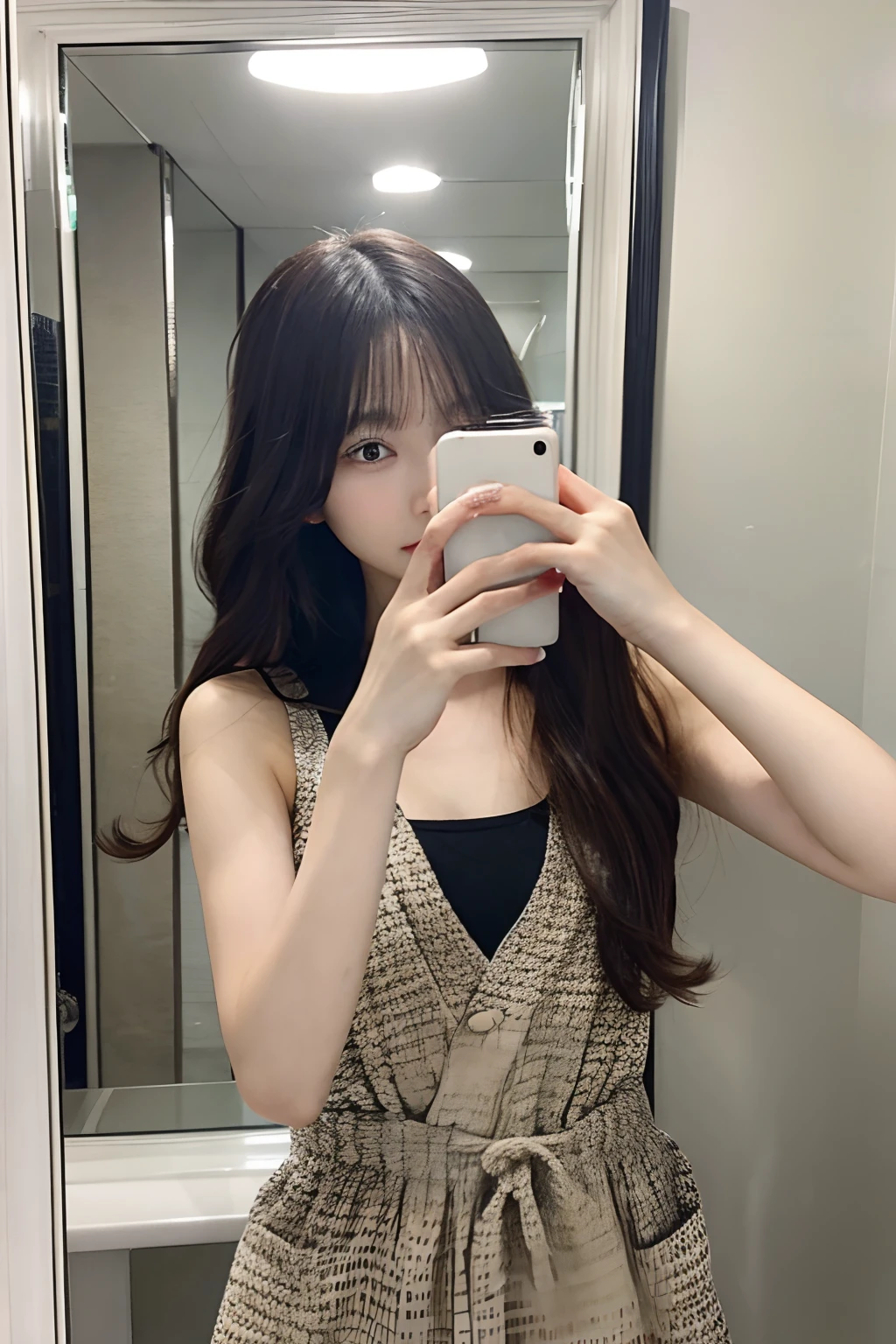 debris flies、highest quality、super fine、Understood、High resolution、8k wallpaper、perfect dynamic composition、(((Full body Esbian)))、((from below))、20 year old cute girl、detailed beautiful face、delicate and cute eyes、fine-textured skin、My cheeks turned red、(straight black hair)、take a selfie with your mobile phone、room、white background、White Room、take a selfie with your mobile phone、small bust、slender、Wearing a camisole