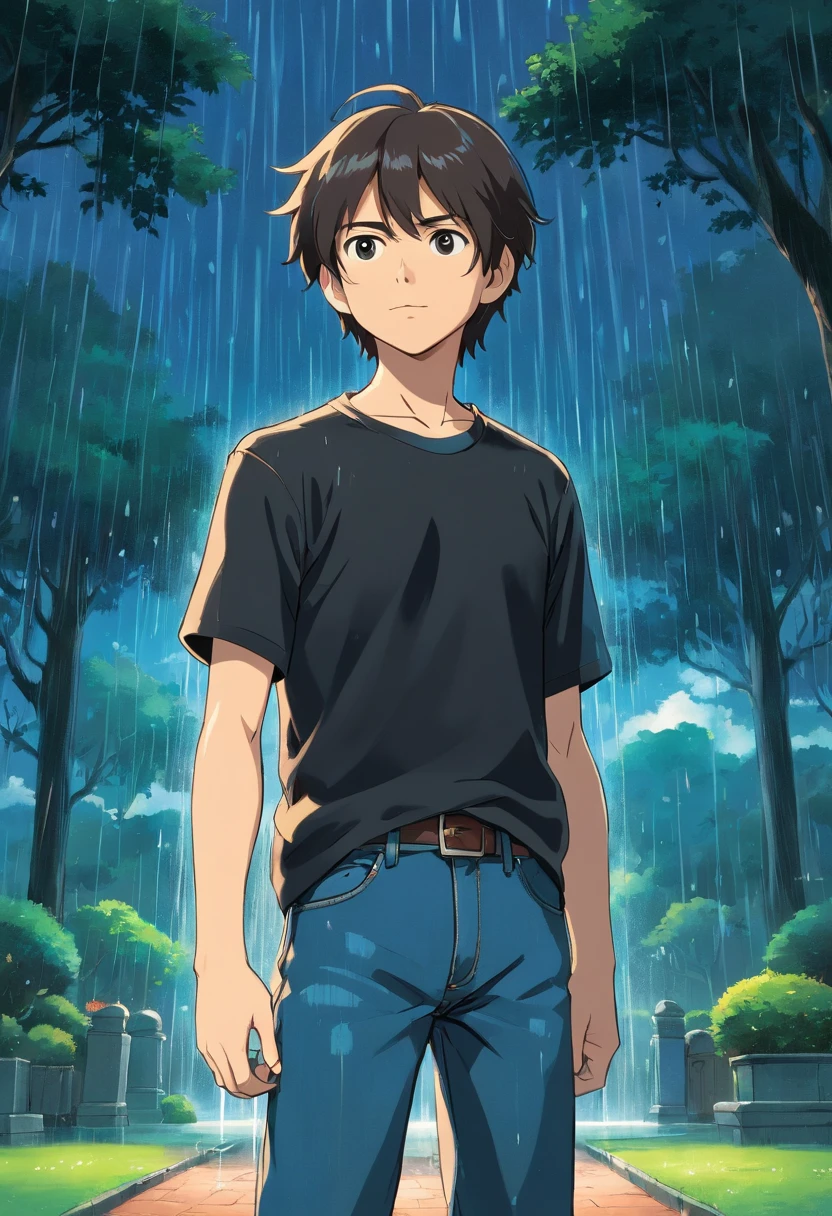 a young man with black t shirt and a jeans , standing in a park , its raining