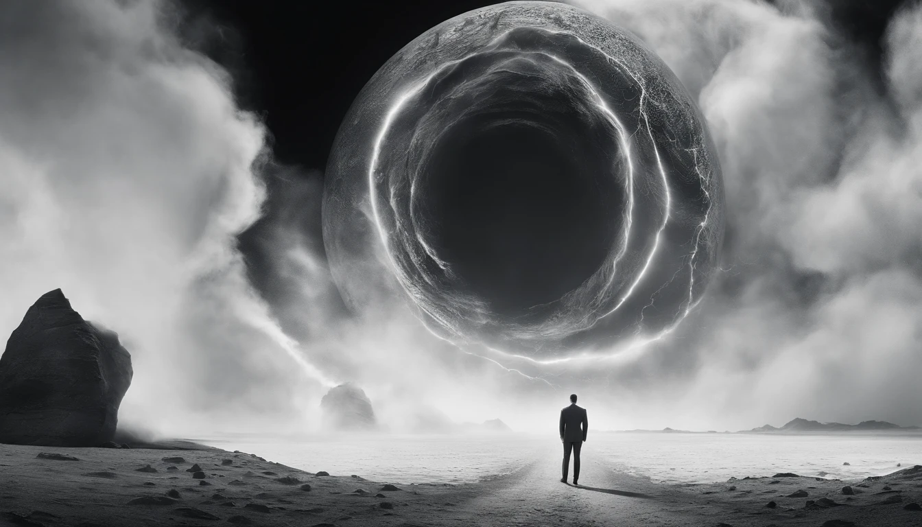 "Generate a vivid description for a captivating image of Elon Musk set against a stark black and white backdrop. Elon Musk, the visionary entrepreneur, stands tall, exuding an aura of innovation and determination. Behind him, a billowing plume of thick, swirling smoke adds an air of mystique to the scene, symbolizing his relentless pursuit of groundbreaking ideas and technological advancements. The contrasting colors create a striking visual, underscoring the stark contrast between Musk's brilliance and the ever-evolving landscape of the future he envisions."