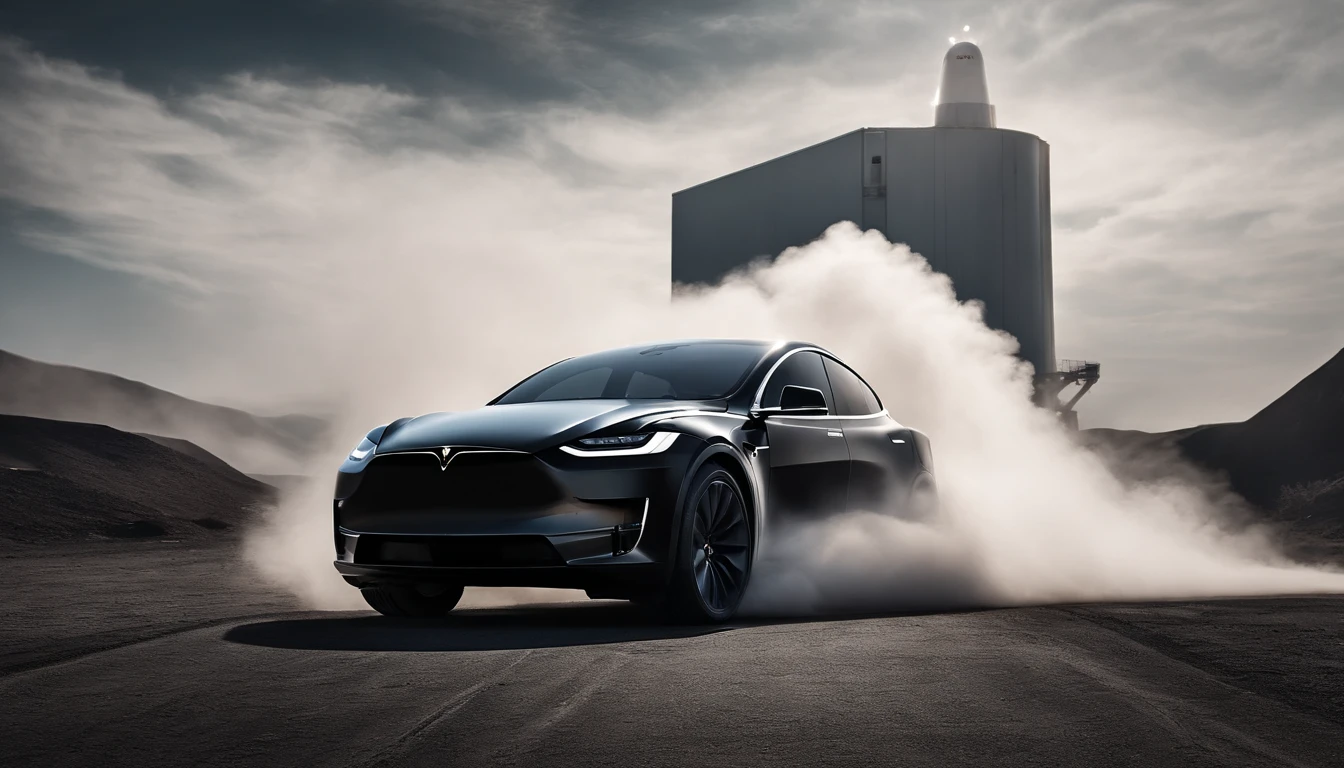 "Generate a vivid description for a captivating image of Elon Musk set against a stark black and white backdrop. Elon Musk, the visionary entrepreneur, stands tall, exuding an aura of innovation and determination. Behind him, a billowing plume of thick, swirling smoke adds an air of mystique to the scene, symbolizing his relentless pursuit of groundbreaking ideas and technological advancements. The contrasting colors create a striking visual, underscoring the stark contrast between Musk's brilliance and the ever-evolving landscape of the future he envisions."