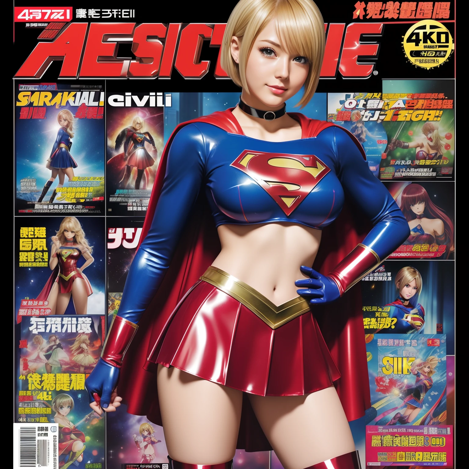 (Best Quality,4K,8K,hight resolution,masutepiece:1.2),Ultra-detailed,Realistic:1.37,Super masterpiece,Short-haired Supergirl、large full breasts、Looking at the camera、Glossy costume、a choker、Too short miniskirt、Shiny bright red enamel boots、Magazine covers、Manga Magazines