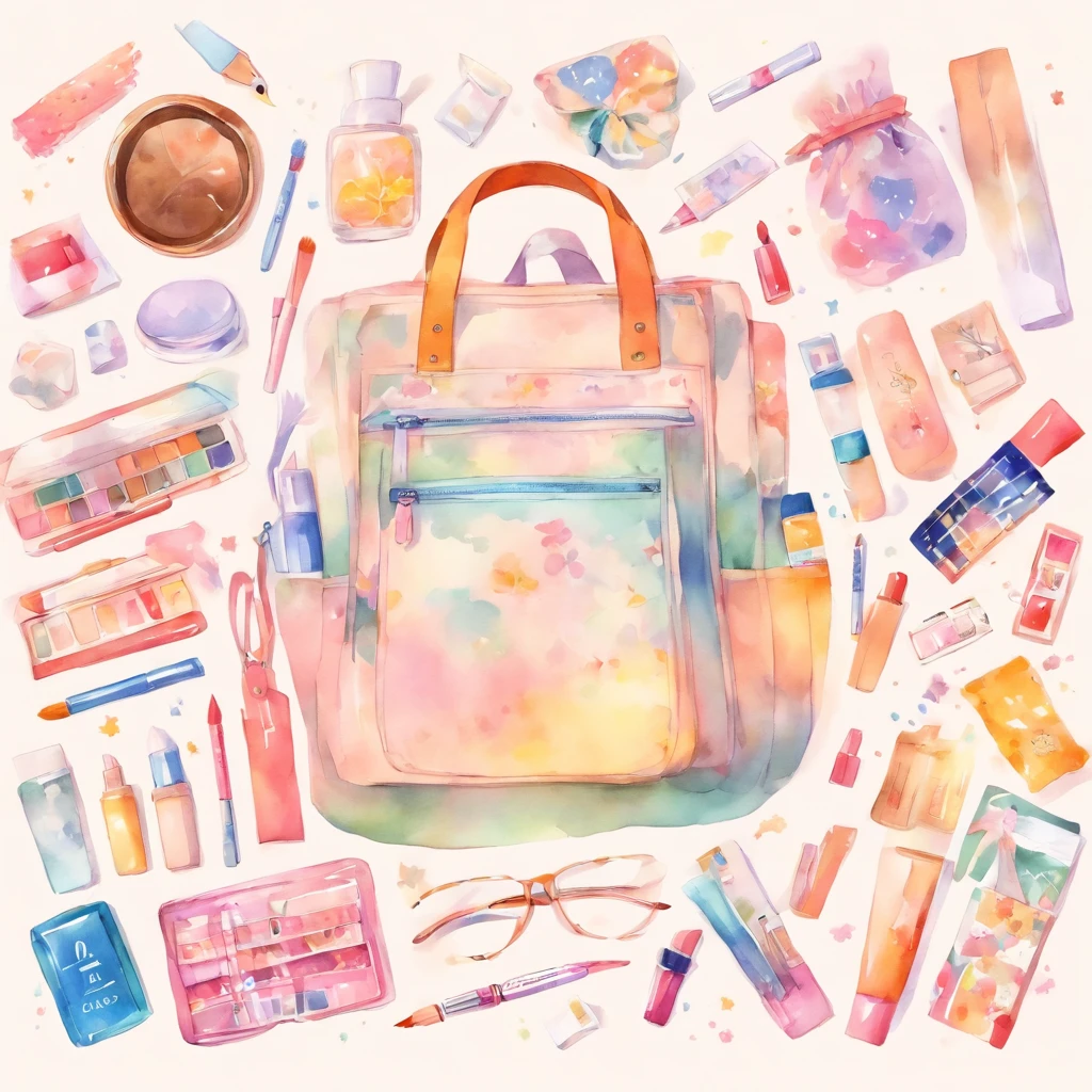 Knolling layout, watercolor illustration, contents of ladies bag, lots of cute cosmetics, notebook, stationery, handkerchief, cute pouch