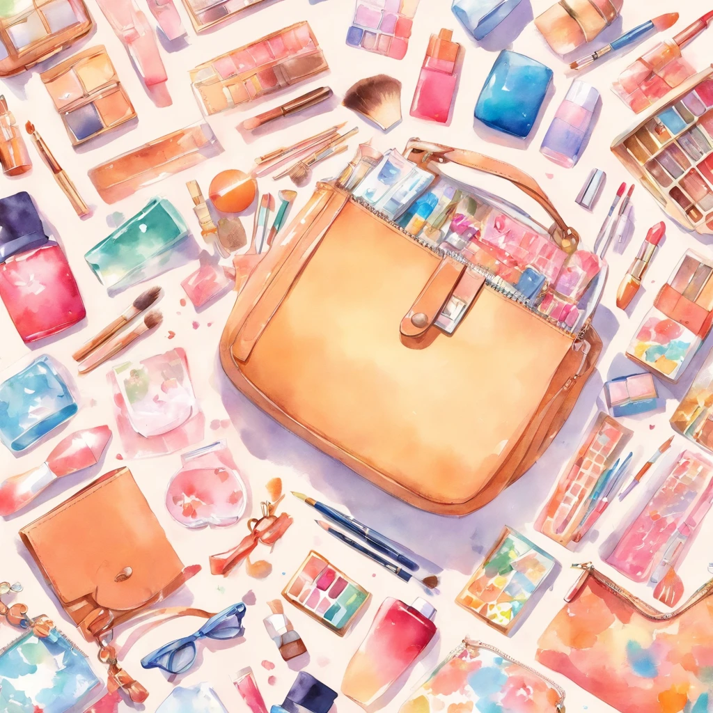 Knolling layout, watercolor illustration, contents of ladies bag, lots of cute cosmetics, notebook, stationery, handkerchief, cute pouch