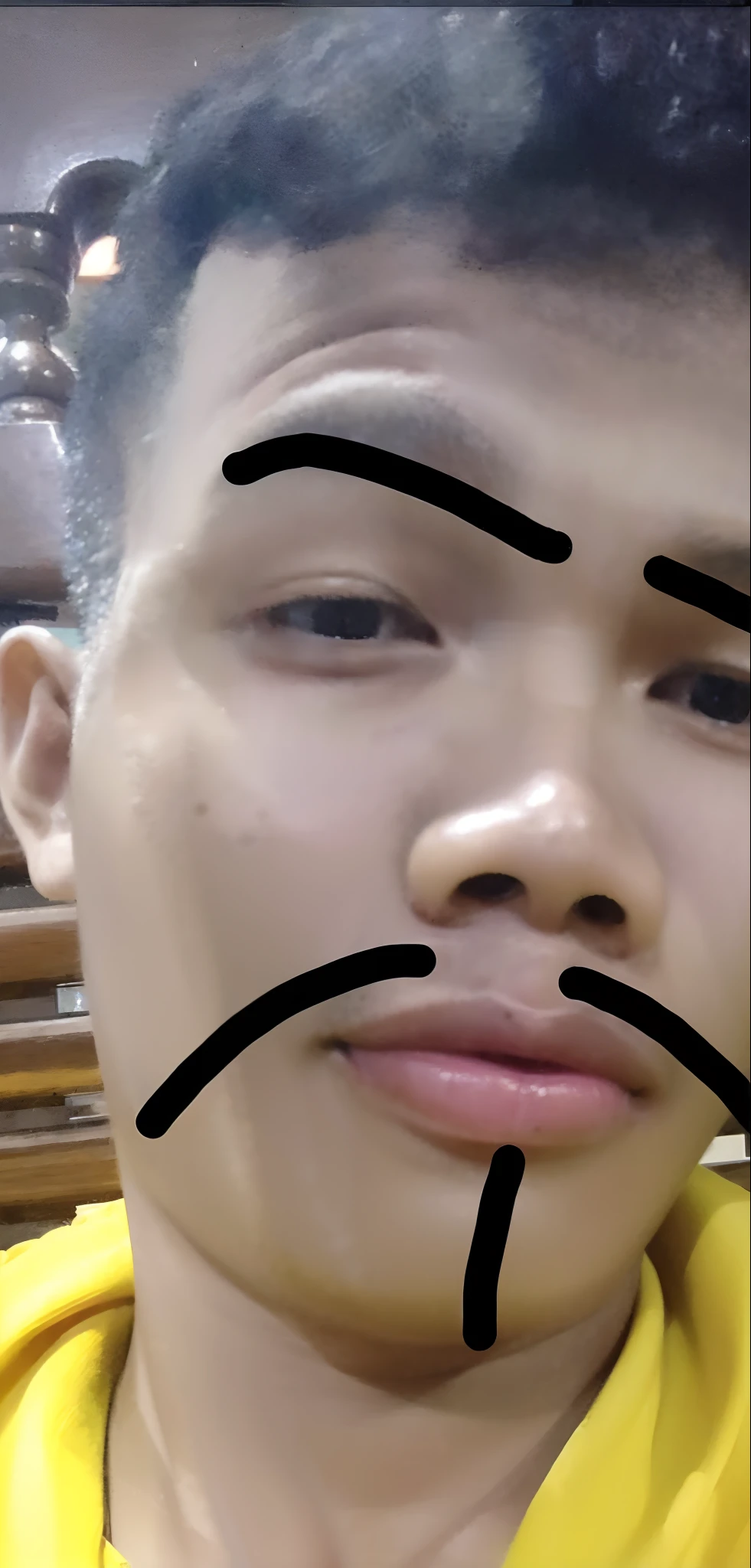 arafed man with a sad face and a frown on his face, south east asian with round face, with accurate face, with round face, shaven face, boy thin face, with a pointed chin, pointed face, shaved face, man with thin lines on the face, asian face, with no facial features, small lips pointy nose, without mustache