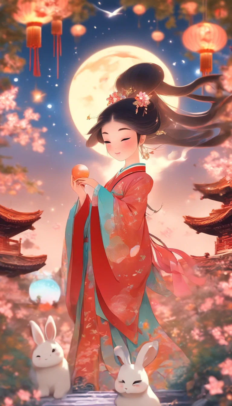 (A girl named Chang'e:1.25),Wear traditional Chinese clothing,Detailed and beautiful face,Chinese Mid-Autumn Festival,Standing sitting on the moon,Behind him is a white Chinese palace,Holding a cute rabbit,Look at the Earth,Hope to go home,Starry sky and earth as background,(full bodyesbian:1.25),(Faded:1.3),Extremely colorful,(tmasterpiece:1,2),best qualityer,extremely detailed CG 8k wallpaper,best qualityer,A high resolution,Original,extremelydetailedwallpaper,