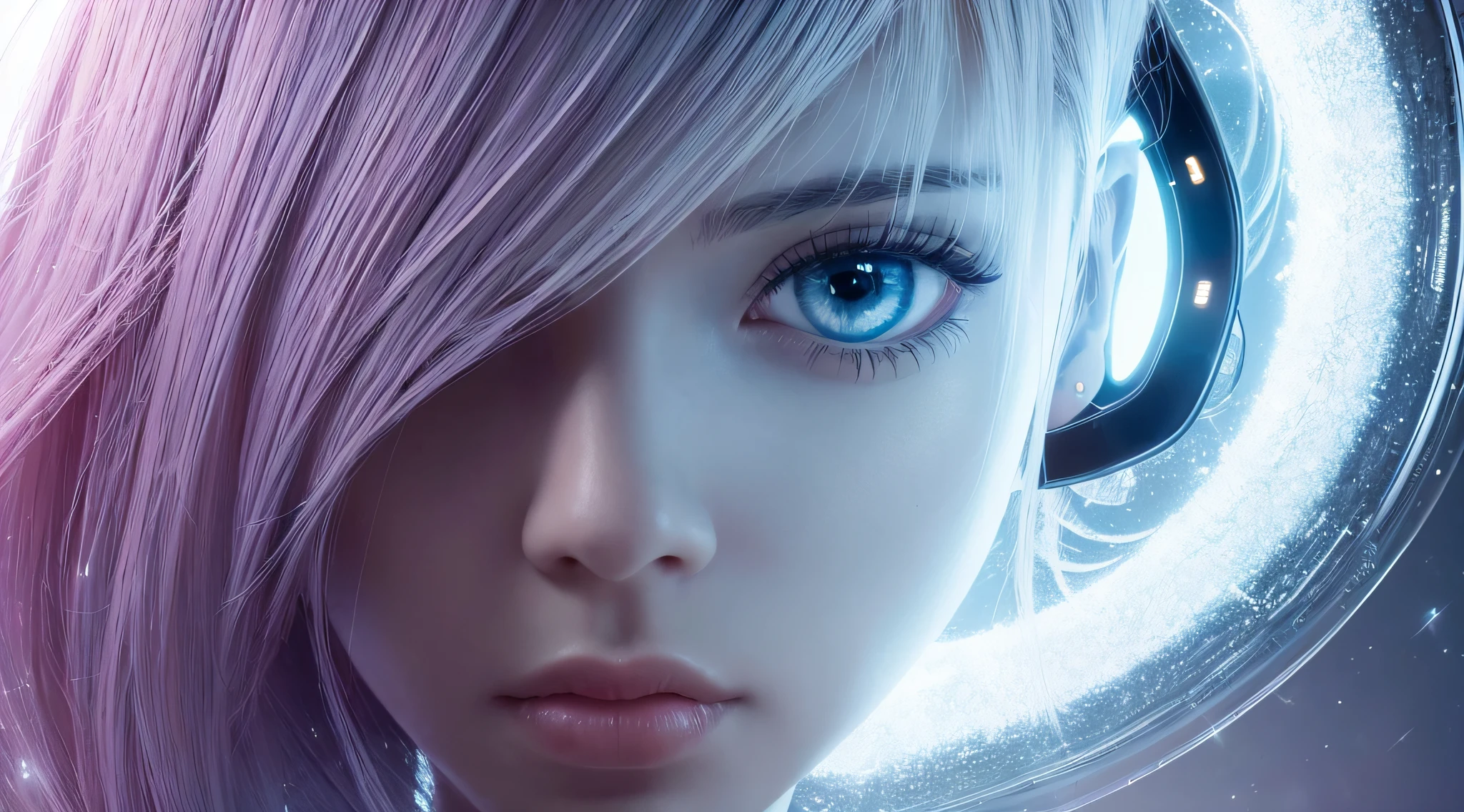 A closeup of a person with a futuristic face and head, Retrato do humanoide feminino, com cerebro brilhando AI