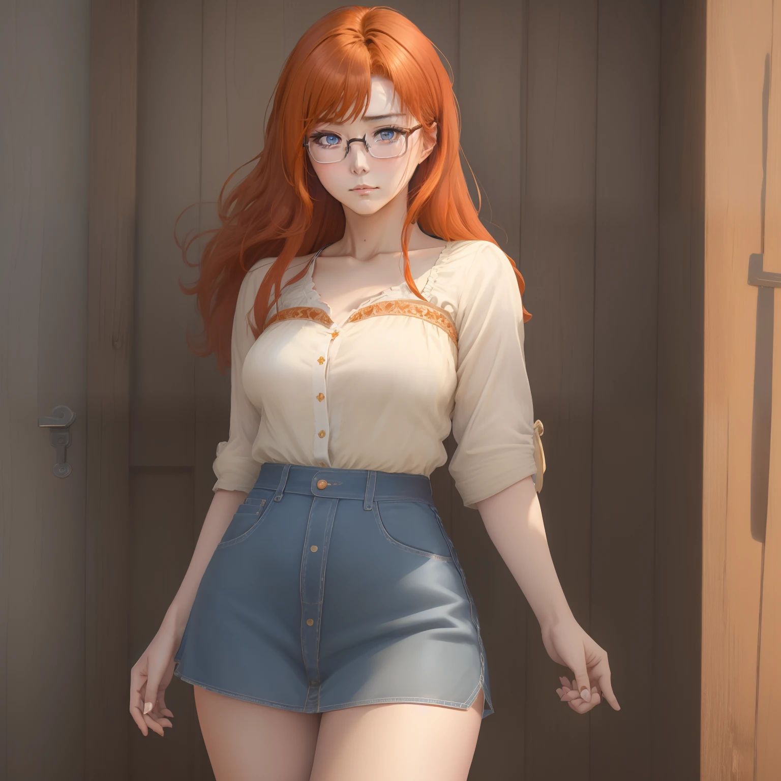 8k, masterpiece, best quality, realistic, higly detailed, cowboy shot, 1girl, solo, itsuki, serious looking girl, medium-length hair, expressive ahoge, reddish-orange hair, a pair of star-shaped hairpins near both of her eyes, dark blue eyes, average height, well-endowed figure, glasses, cute, swimsuit