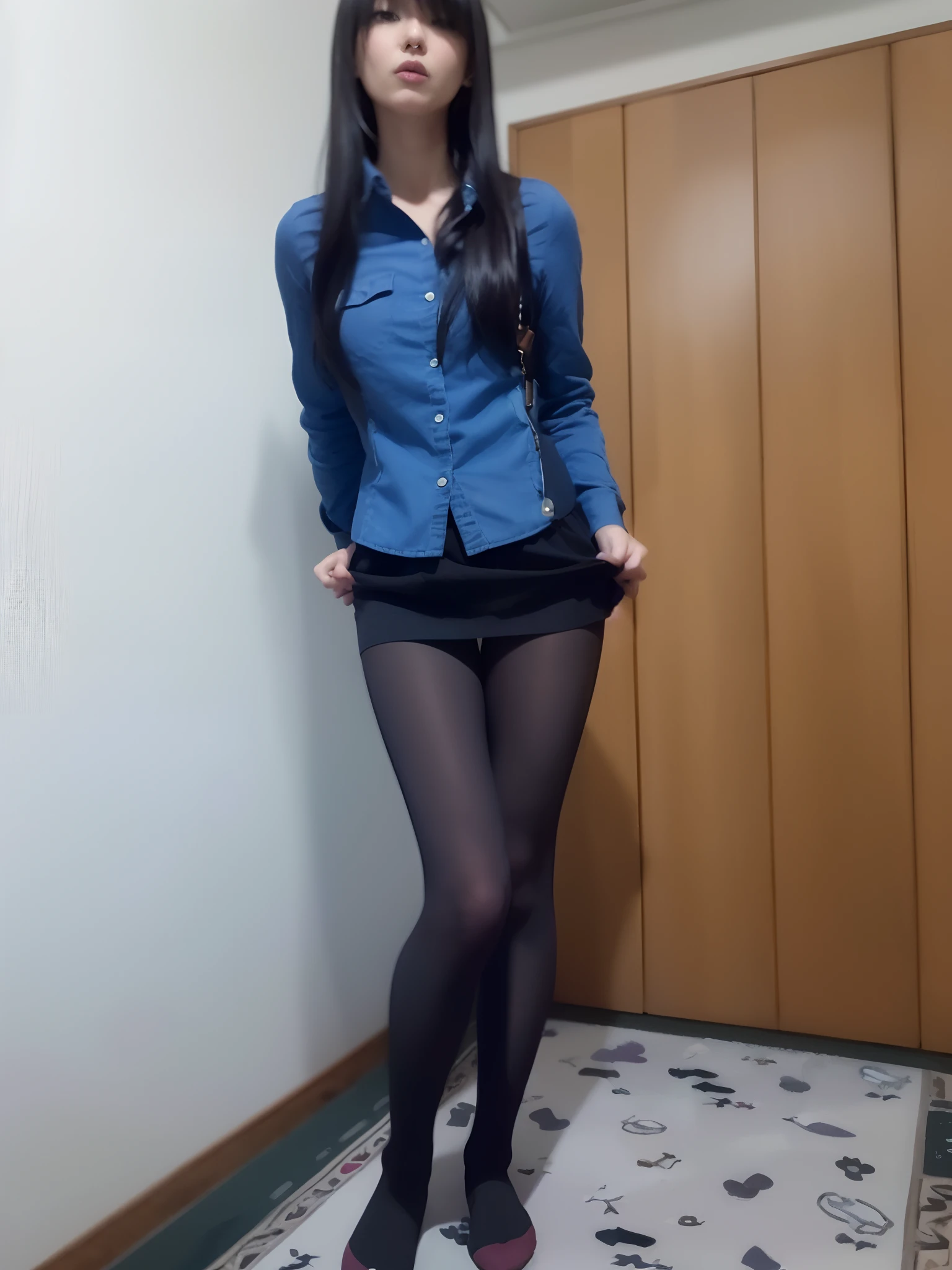 there is a woman standing in a room with a blue shirt and black skirt, outfit photo, thighhighs and skirt, full body!!, full_body!!, wearing skirt, blue and black, mini-skirt, full body!, dark blue and black, full body! pretty face, wearing tight simple clothes, pantyhose tights, full body shot!!, full body!!!