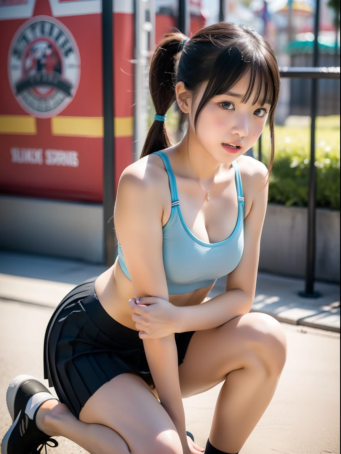 9ar old girl,(Black pleated skirt),Light blue sports bra,A dark-haired,poneyTail,Stick your butt out,Put your hands on your knees,blush,An amusement park