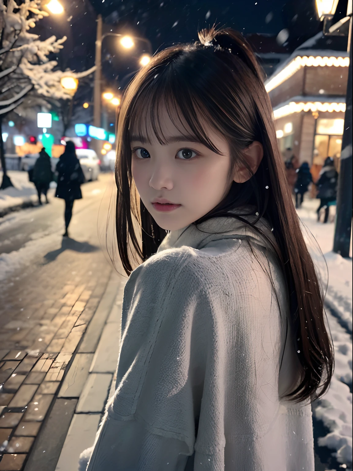 (Close-up face shot from behind of one slender girl has long hair with dull bangs and a gray scarf white winter coat in winter uniform:1.5)、(One girl turned around with very sad face and her hair flutter in the wind :1.5)、(Snowing winter night street corner with Christmas lights:1.5)、(Perfect ???????:1.3)、(No mask:1.3)、(complete fingers:1.3)、Photorealistic、Photography、masutepiece、top-quality、High resolution, delicate and pretty、face perfect、Beautiful detailed eyes、Fair skin、Real Human Skin、pores、((thin legs))、(Dark hair)