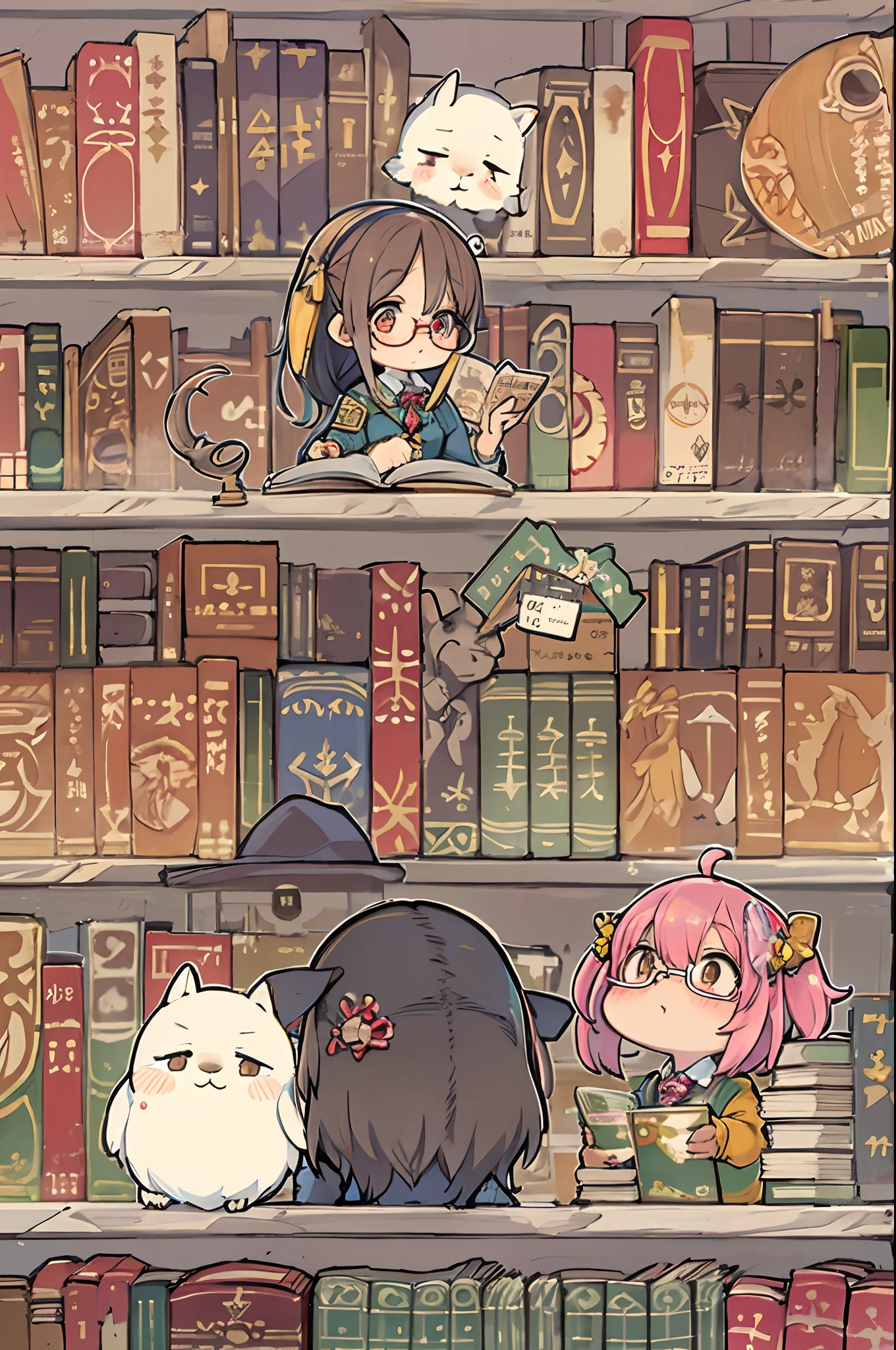 Huge library、1 librarian、One Woman、small round glasses、huge-breasted、chibi