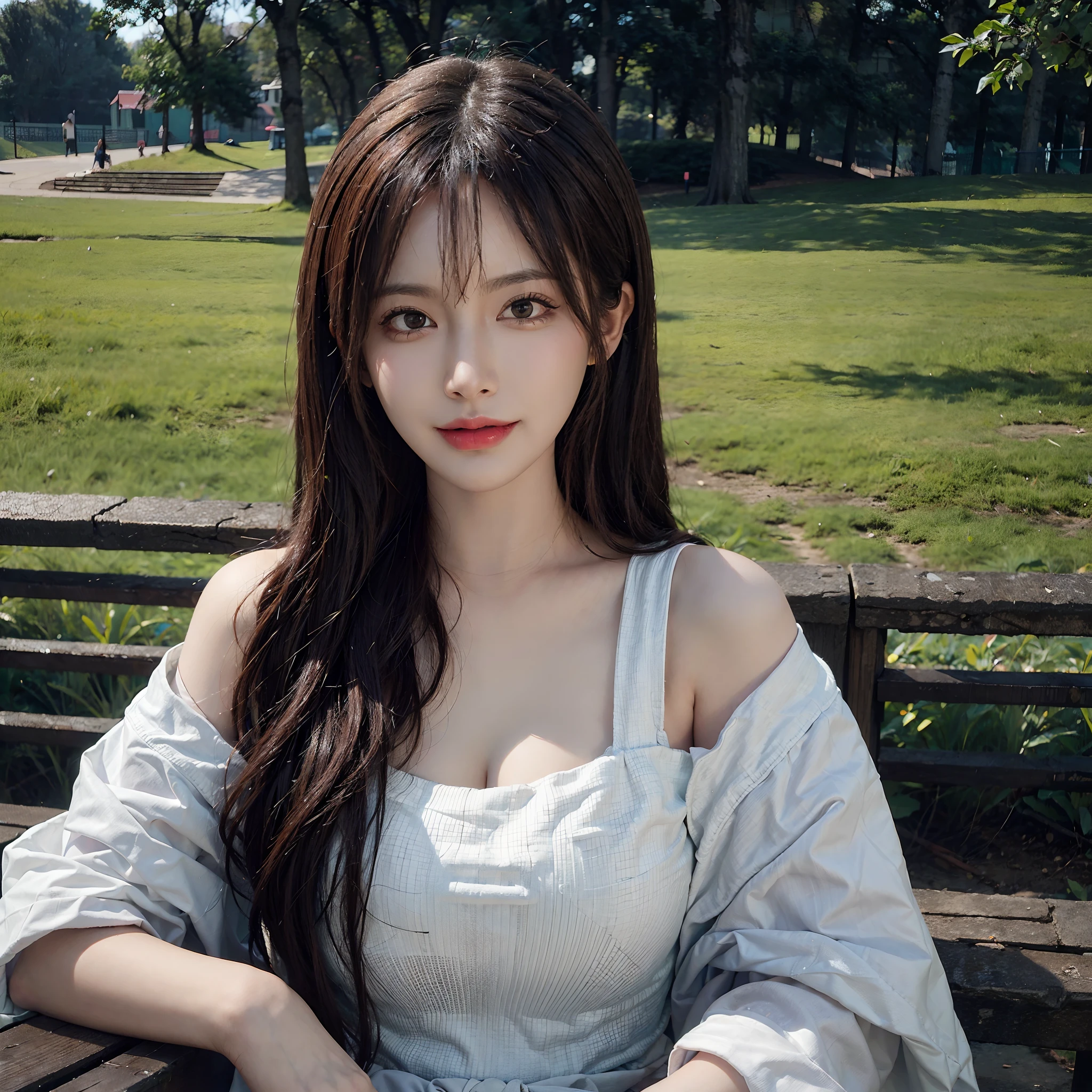(front focus), (in the park:1.6), Hyperrealist portrait of female by david hockney and alphonse mucha, fantasy art, photo realistic, dynamic lighting, artstation, poster, volumetric lighting, very detailed faces, 4k, award winning, 1girl, in the park, lifted shadow, low key, cowboy shot, (official clothing:1.1), long hair, smile, ultra detailed skin, (pouting:1.3)