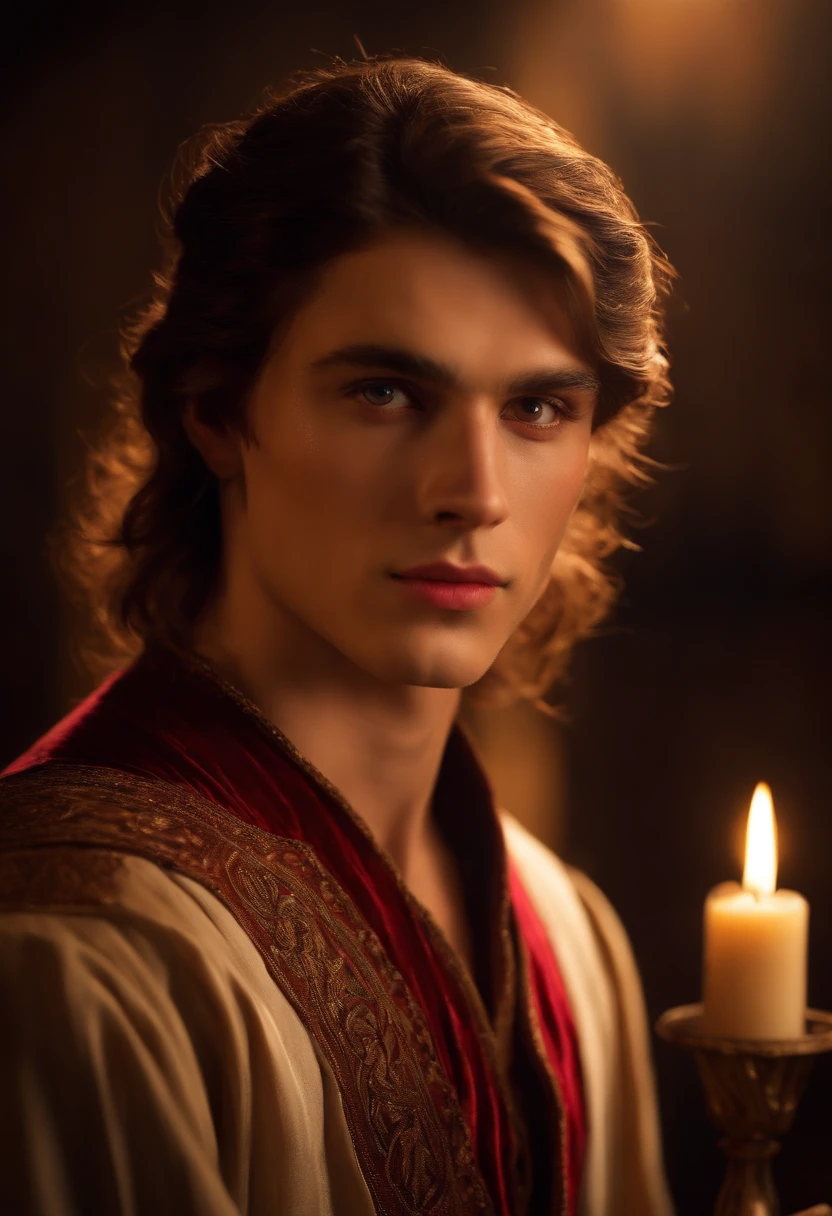 (((a deep reddish wound crosses his left cheek))) fair complexion, man around 20 years old, natural brown hair, distinctive brown eyes, wearing kohl, slender and graceful, beautiful, candlelight in a medieval setting, ultra sharp focus, realistic shot, medieval female clothes, tetradic colors (scar:1.4)