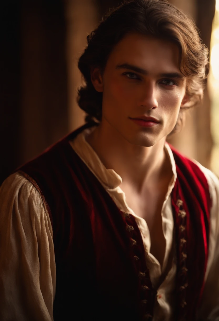 (((a deep reddish wound crosses his left cheek))) fair complexion, man around 20 years old, natural brown hair, distinctive brown eyes, wearing kohl, slender and graceful, beautiful, candlelight in a medieval setting, ultra sharp focus, realistic shot, medieval female clothes, tetradic colors (scar:1.4)