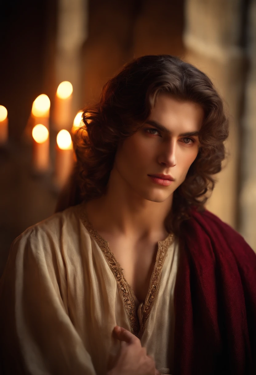 (((a deep reddish wound crosses his left cheek))) fair complexion, man around 20 years old, natural brown hair, distinctive brown eyes, wearing kohl, slender and graceful, beautiful, candlelight in a medieval setting, ultra sharp focus, realistic shot, medieval female clothes, tetradic colors (scar:1.4)