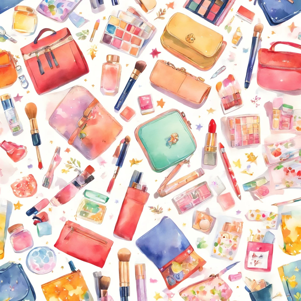 Knolling layout, watercolor illustration, contents of ladies bag, lots of cute cosmetics, notebook, stationery, handkerchief, cute pouch