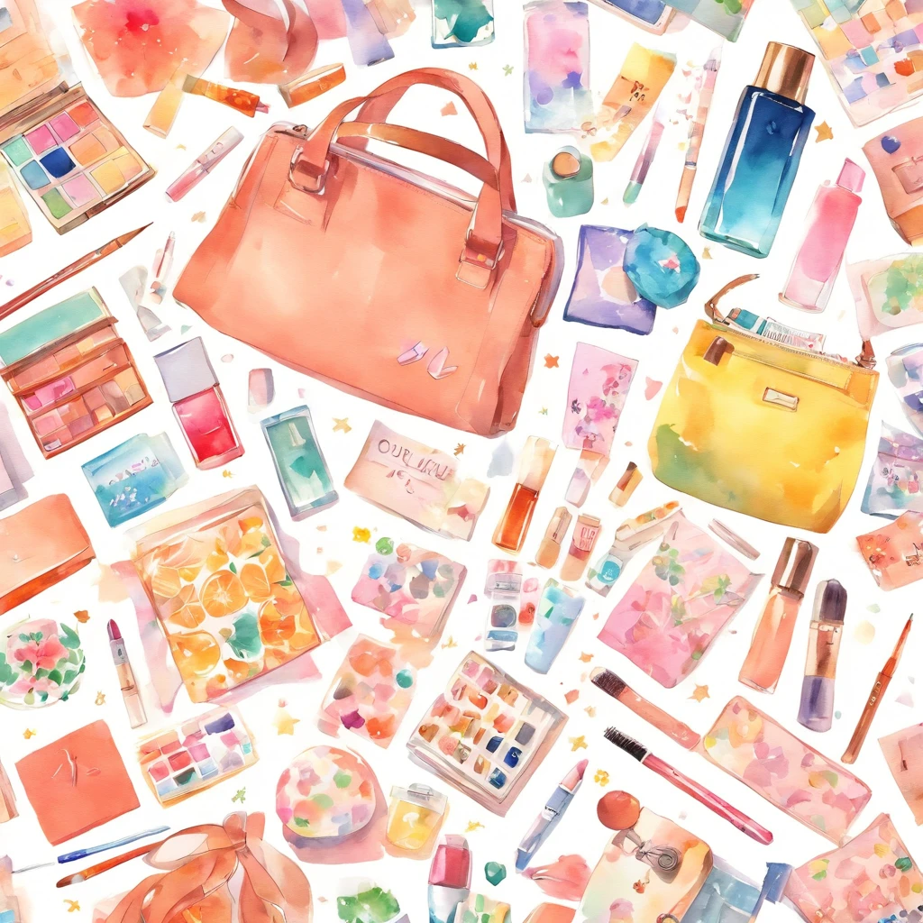 Knolling layout, watercolor illustration, contents of ladies bag, lots of cute cosmetics, notebook, stationery, handkerchief, cute pouch