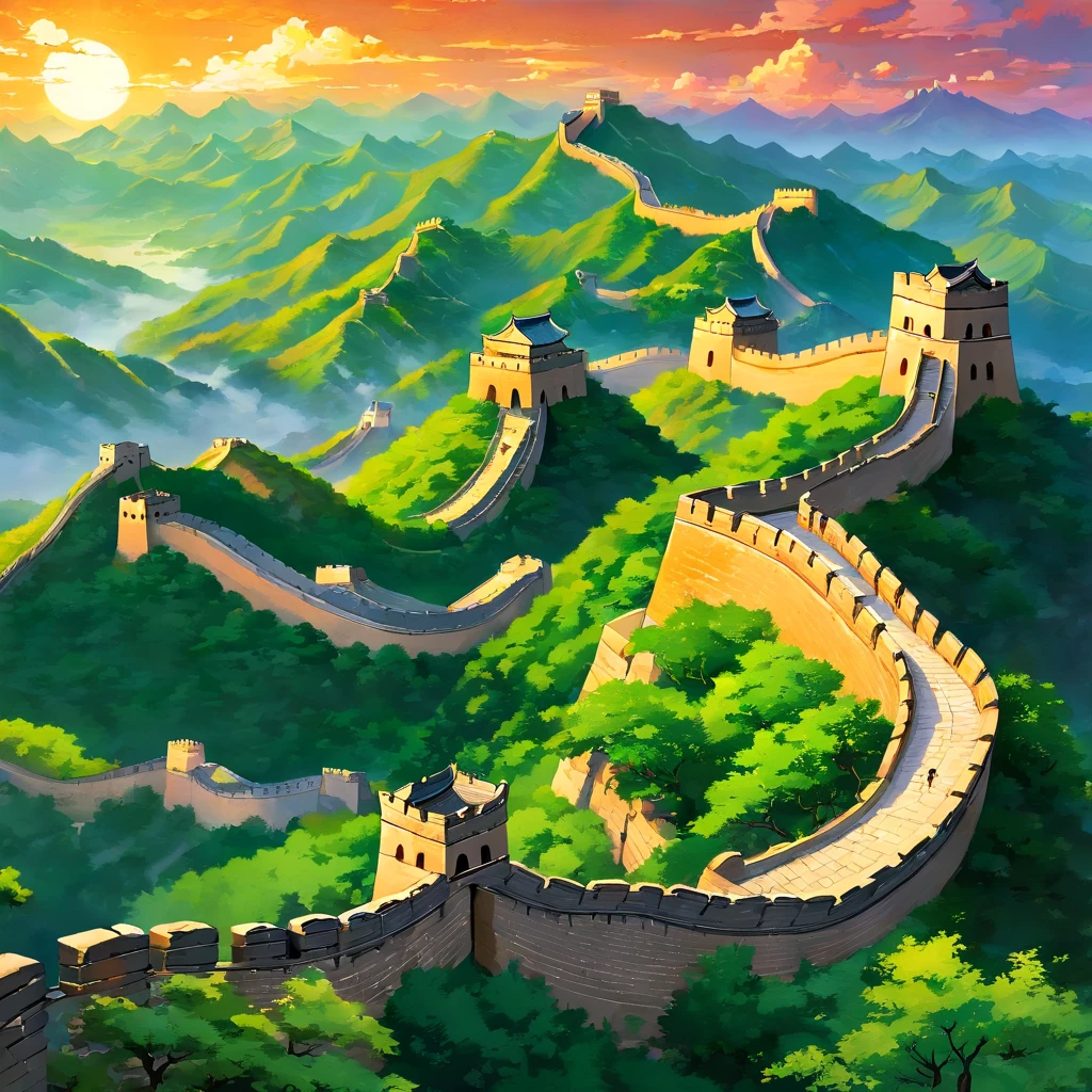 The Great Wall of China is、It is the longest man-made structure in the world。 The Great Wall stretches for about 20,000 km in northern China.、Man on its grand scale々Overwhelm the, The Great Wall of China is、Symbolizes Chinese history and culture。 The Great Wall, built for about 2,000 years from the 2nd century BC,、It tells the story of China's long history and culture。The Great Wall of China is、It symbolizes the achievements of mankind。 The Great Wall was built by millions of workers.、It is a demonstration of the great power of humanity.。Background with: Background inspired by the vast nature of northern China。Scenery of mountains, grasslands, etc.。The Great Wall of China: We draw the Great Wall of China。The Great Wall is、If you draw it like a giant snake that spreads all over China,、You can express that sense of scale。Other elements: for the background、Draw animals, birds, and other creatures。pure、On the Great Wall、Draw celestial elements such as clouds and stars。The Great Wall of China、Painted to cover all of China。 The Great Wall of China、mont々and extends beyond the grasslands。 The Great Wall of China、Floating in the night sky。