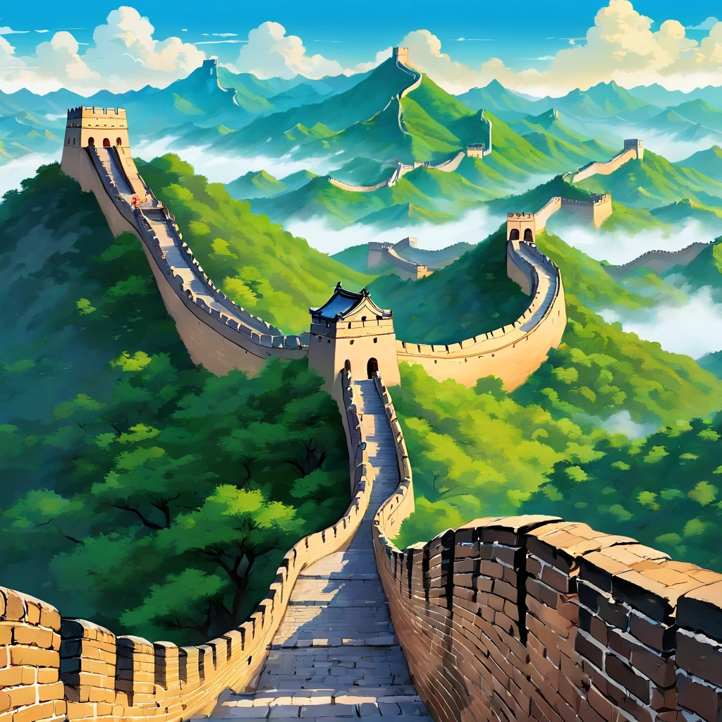 The Great Wall of China is、It is the longest man-made structure in the world。 The Great Wall stretches for about 20,000 km in northern China.、Man on its grand scale々Overwhelm the, The Great Wall of China is、Symbolizes Chinese history and culture。 The Great Wall, built for about 2,000 years from the 2nd century BC,、It tells the story of China's long history and culture。The Great Wall of China is、It symbolizes the achievements of mankind。 The Great Wall was built by millions of workers.、It is a demonstration of the great power of humanity.。Background with: Background inspired by the vast nature of northern China。Scenery of mountains, grasslands, etc.。The Great Wall of China: We draw the Great Wall of China。The Great Wall is、If you draw it like a giant snake that spreads all over China,、You can express that sense of scale。Other elements: for the background、Draw animals, birds, and other creatures。pure、On the Great Wall、Draw celestial elements such as clouds and stars。The Great Wall of China、Painted to cover all of China。 The Great Wall of China、mont々and extends beyond the grasslands。 The Great Wall of China、Floating in the night sky。