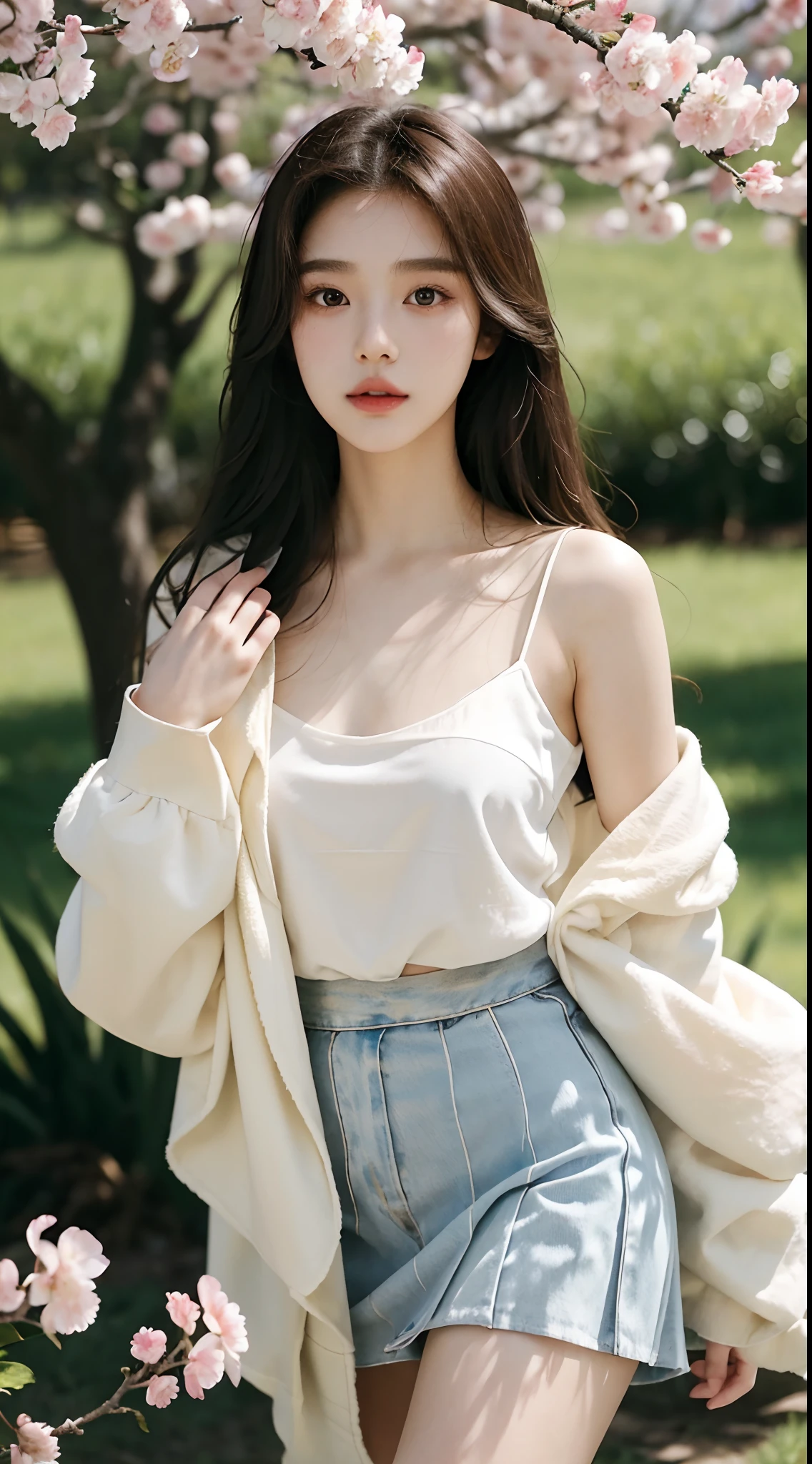 (Best quality, Masterpiece,16k), 1girll, Korean girl,18yr old,Absolutely beautiful, Amazing, In the park,Under the peach blossoms,Noble,perfect bodies, Perfect face shape,Charming eyes,Bright big eyes,二重まぶた,Long eyelashes,sensual lip,White skin,The gauze skirt flew up,Very real,goodlooking,Ethereal beauty