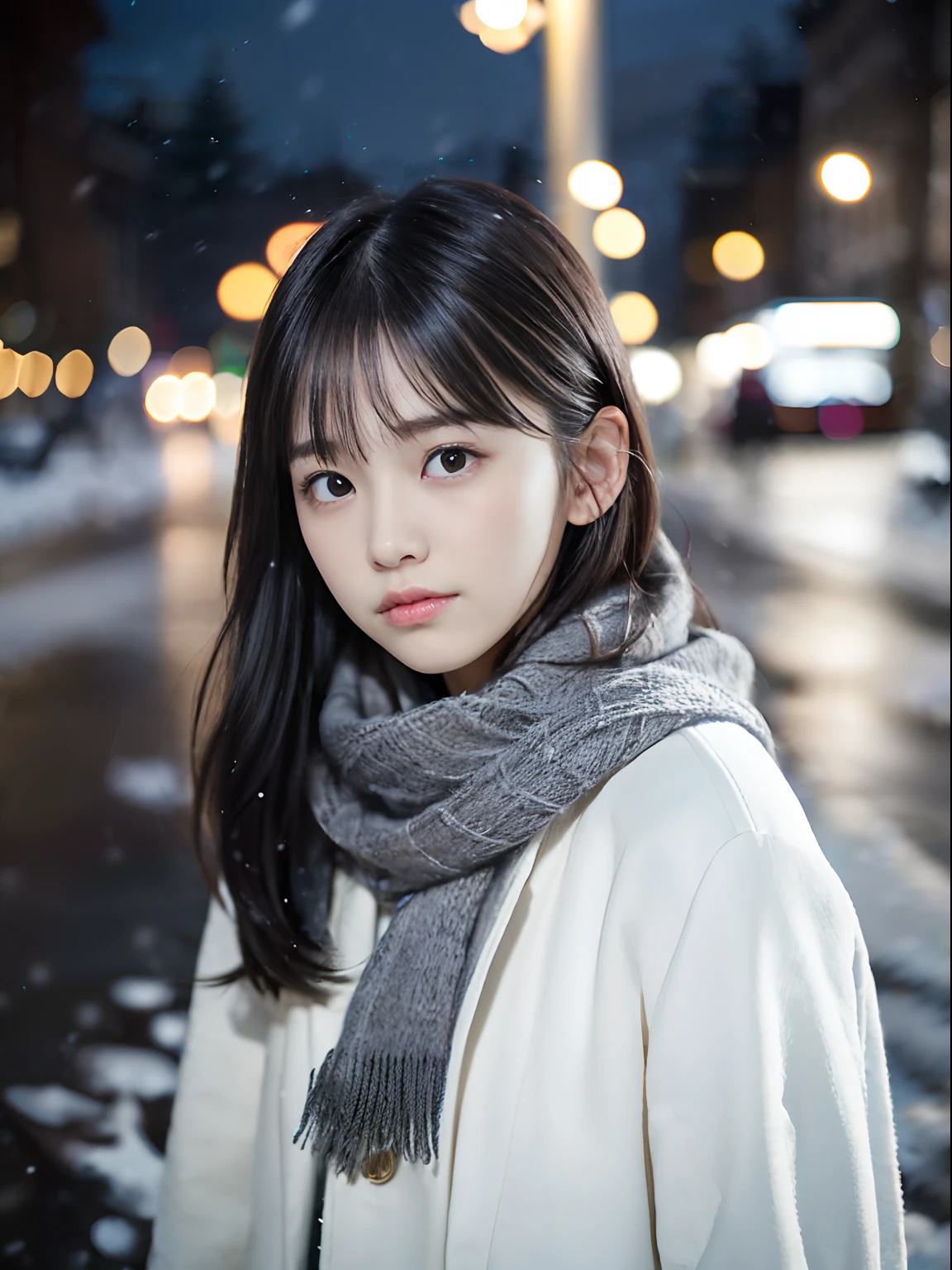 (Close-up face shot of one slender girl has long hair with dull bangs and a gray scarf white winter coat in winter uniform:1.5)、(One girl turned around with very sad face and her hair flutter in the wind :1.5)、(Snowing winter night street corner with Christmas lights:1.5)、(Perfect Anatomy:1.3)、(No mask:1.3)、(complete fingers:1.3)、Photorealistic、Photography、masutepiece、top-quality、High resolution, delicate and pretty、face perfect、Beautiful detailed eyes、Fair skin、Real Human Skin、pores、((thin legs))、(Dark hair)