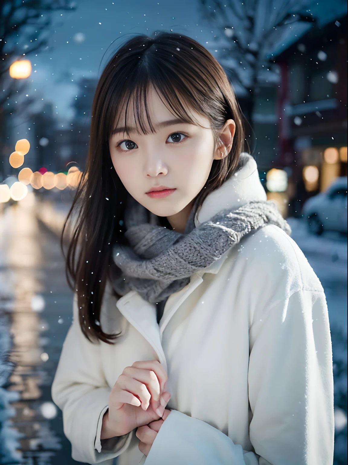 1 girl, (Wear a platinum coat:1.2), (RAW Photos, highest qualthaty), (Realistic, Realistic:1.4), Tabletop, Very delicate and beautiful, Very detailed, 2k wallpaper, wonderful, finely, Very detailed CG Unthaty 8K 壁紙, Very detailed, High resolution, Soft Light, Beautiful detailed girl, Very detailed目と顔, Beautiful and sophisticated nose, finelyて美しい目, Cinema Lighting, Illuminations that light up the cthaty on a snowy night, Snow Scene, that&#39;that&#39;it&#39;s snowing, Snow fell in my hair, Perfect ???????, Slender body, Was nervous, Straight semi-long hair, bangs, Looking at the audience, smile