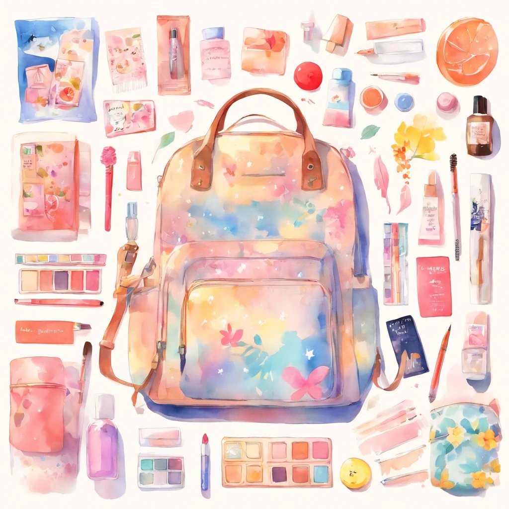 Knolling layout, watercolor illustration, contents of ladies bag, lots of cute cosmetics, notebook, stationery, handkerchief, cute pouch