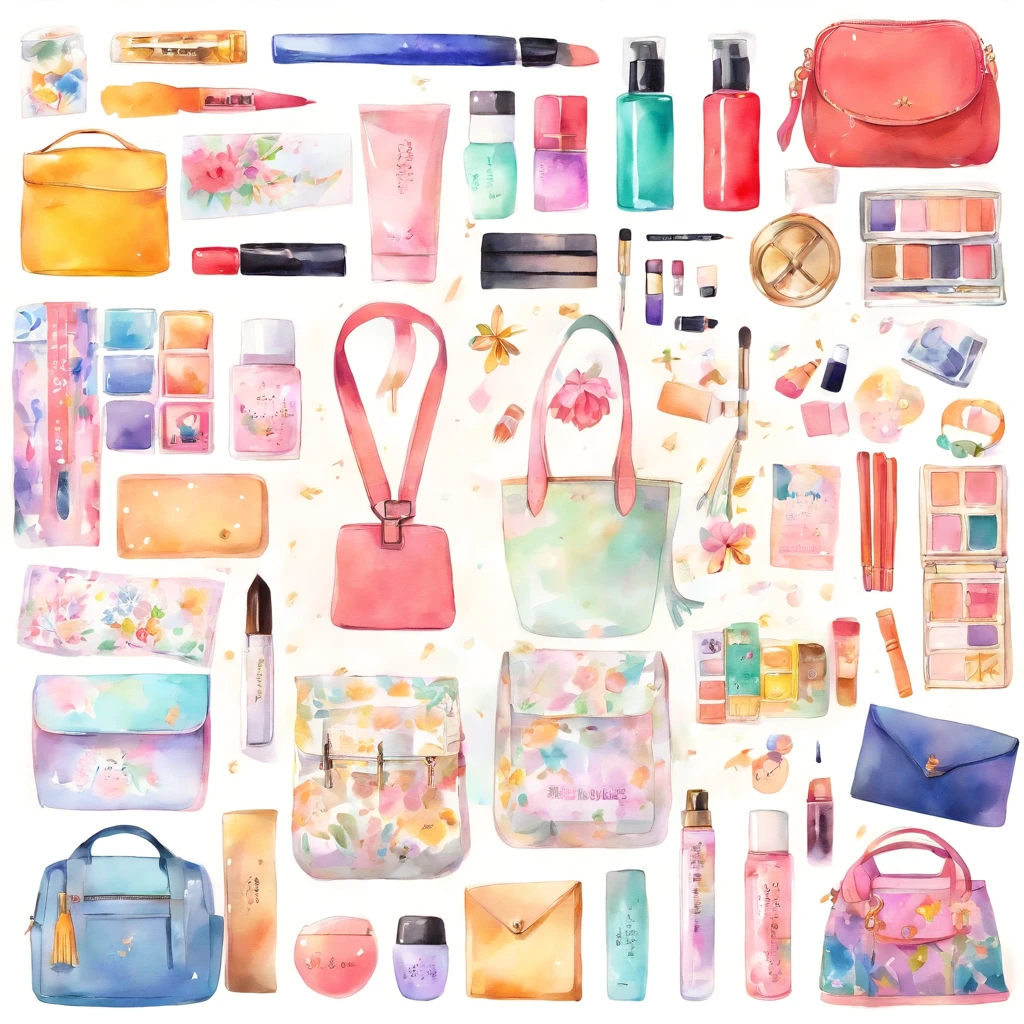 Knolling layout, watercolor illustration, contents of ladies bag, lots of cute cosmetics, notebook, stationery, handkerchief, cute pouch