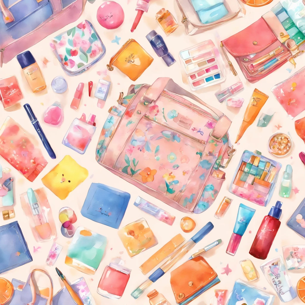 Knolling layout, watercolor illustration, contents of ladies bag, lots of cute cosmetics, notebook, stationery, handkerchief, cute pouch