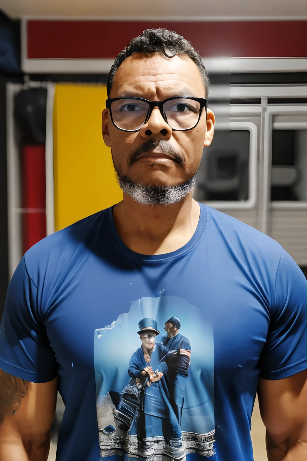 guttonerdvision10, uma fotografia em estilo de documento 3x4. Chest up portrait of a man wearing glasses, com tinta colorida espalhada em seu rosto e roupas, body and gaze facing the camera, vestido com uma camiseta listrada horizontalmente com todas as 7 cores, muito colorido. fundo preto, and what a studio photograph looks like, use all appropriate lighting features. 8K resolution.