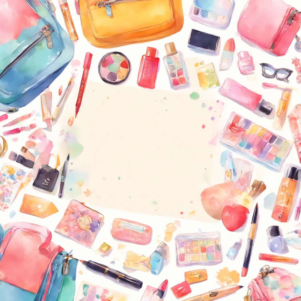 Knolling layout, watercolor illustration, contents of ladies bag, lots of cute cosmetics, notebook, stationery, handkerchief, cute pouch