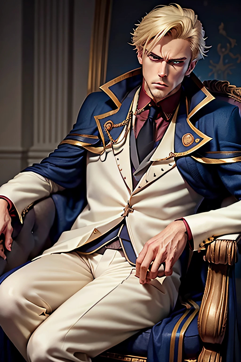 handsome man, wizard, white suit, blue cape trimmed with gold, blue eyes, blonde hair, golden ring, intimidating facial expression and pose, sitting on a chair, mansion study background, character portrait, anime victorian style