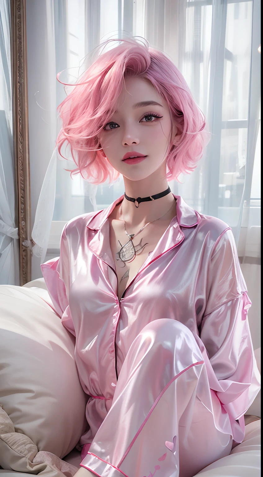 1girll,(Captivating quality:1.4),(True textured skins of the highest quality), Delicate face,Pink twin-tailed hair, Gradient Hair, (perfect bodies:1.1),Heart-shaped choker、long eyelasher,grin, hyperphotorealism, Cinematic lighting, projected inset, surrealism, hyper HD, masutepiece,Dream On,Please wear clear silk pajamas,Carmelto,tattooed,Fantasy space,Luxurious space