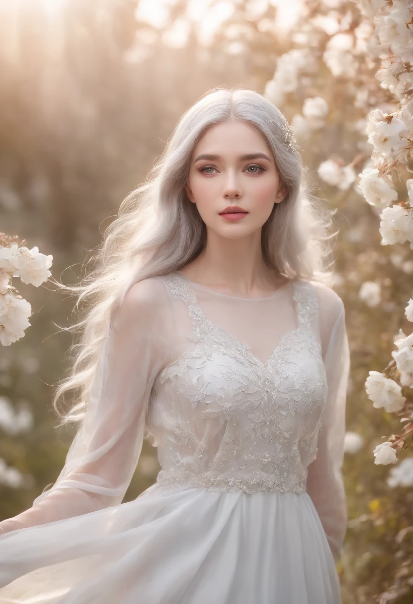 silver hair color,beautiful detailed eyes,beautiful detailed lips,long silver hair flowing in the wind,snowy white skin,ethereal and delicate appearance,soft and gentle expression,airy and elegant dress,sparkling silver hair accessories,standing in a magical garden surrounded by blooming silver flowers,soft sunlight casting a gentle glow on the scene,crystal-clear blue sky in the background,creating a serene and dreamlike atmosphere,(best quality,4k,8k,highres,masterpiece:1.2),ultra-detailed,realistic,portrait,soft and pastel color palette,subtle and warm lighting,creating a sense of enchantment and tranquility.